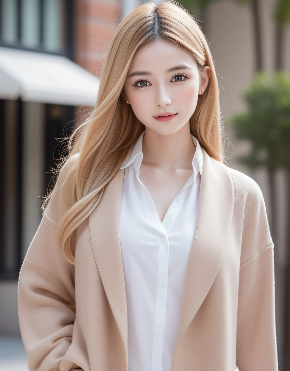 best quality, white skin, real human skin, (detailed fac), oval face, pores, ultra high res, (8k, RAW photo, photorealistic:1.4), 1girl, slim, (looking at viewer with a serene and goddess-like happiness:1.2), ( lipgloss, eyelashes, gloss-face, best quality, ultra highres, Broad lighting, natural shading), oversized jacket, fashion shirt,  cityscape,