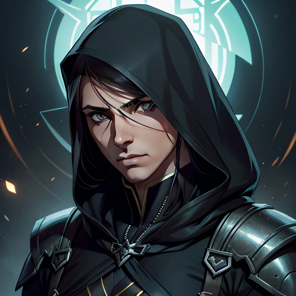 Handsome male assassin wearing demon hunter clothes, androgynous, (retrato detalhado), cell-shaded, 4 mil, cores vivas, arte conceitual fotorrealista de wlop, Ilya Kuvshinov, Artgerm, Krenz Cushart, Greg Rutkowski, Pixiv. cinematic dramatic atmosphere, foco nítido, volumeric lighting, cinematic lighthing, studio quality, cabelos pretos, olhos pretos, Chifres Pequenos, olhos pretos