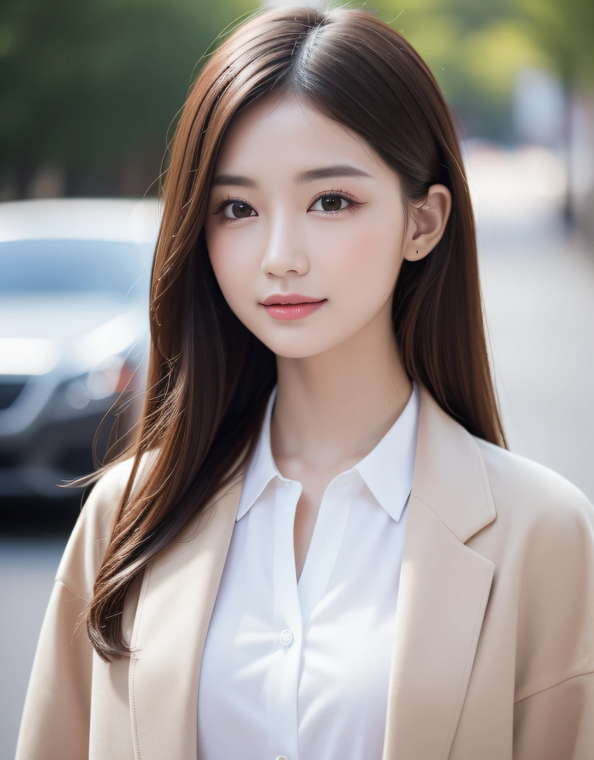 best quality, white skin, real human skin, (detailed fac), oval face, pores, ultra high res, (8k, RAW photo, photorealistic:1.4), 1girl, slim, (looking at viewer with a serene and goddess-like happiness:1.2), ( lipgloss, eyelashes, gloss-face, best quality, ultra highres, Broad lighting, natural shading), oversized jacket, fashion shirt,  cityscape,