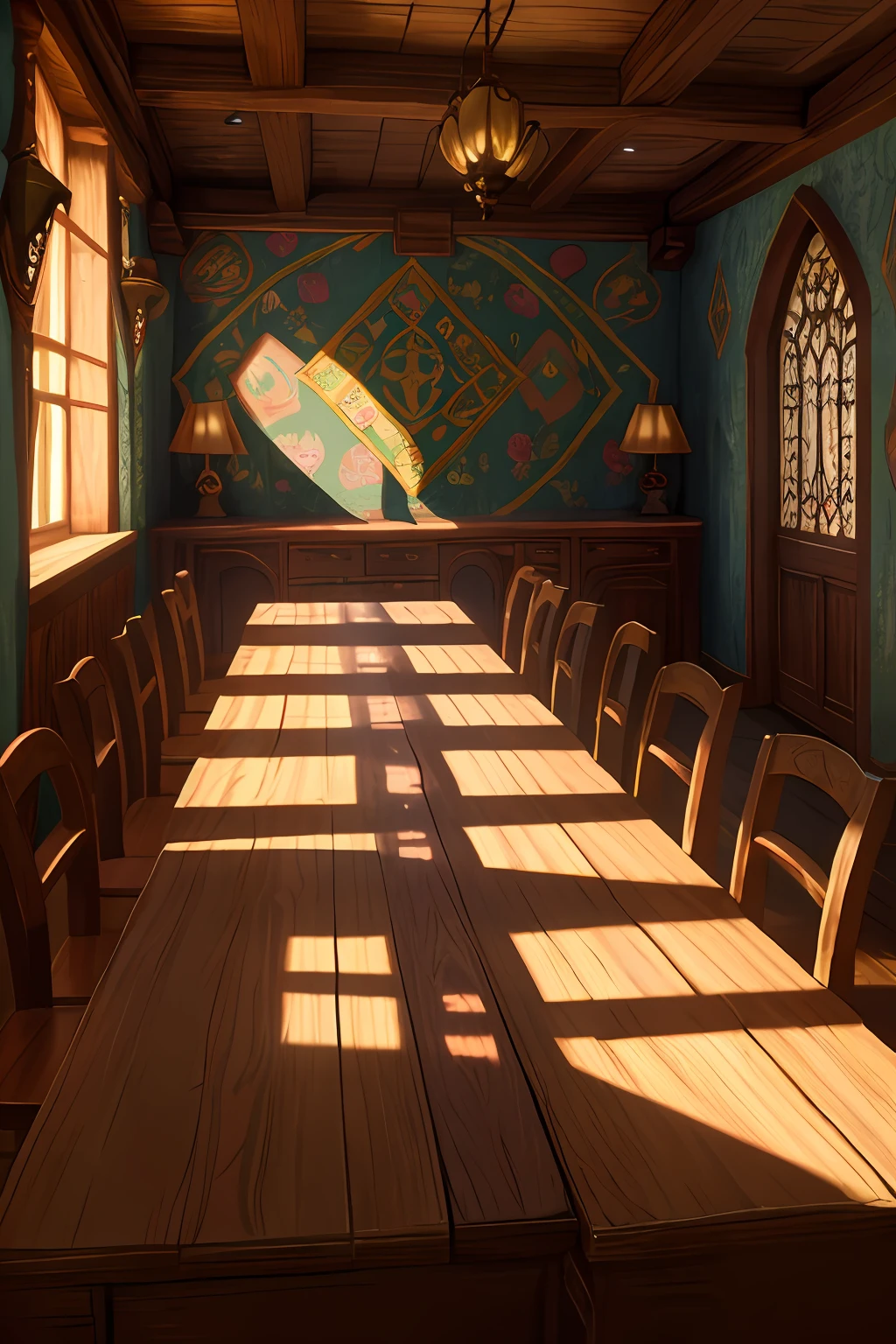 style-hamunaptra_sd2 zrpgstyle, medieval fantasy tavern interior, colorful tapestries on the walls Game of Thrones Hogwarts bright morning sunlight shining in from windows Clutter-Home,  high quality (detailed) (intricate) (8k) (HDR) (wallpaper) (cinematic lighting) (sharp focus)