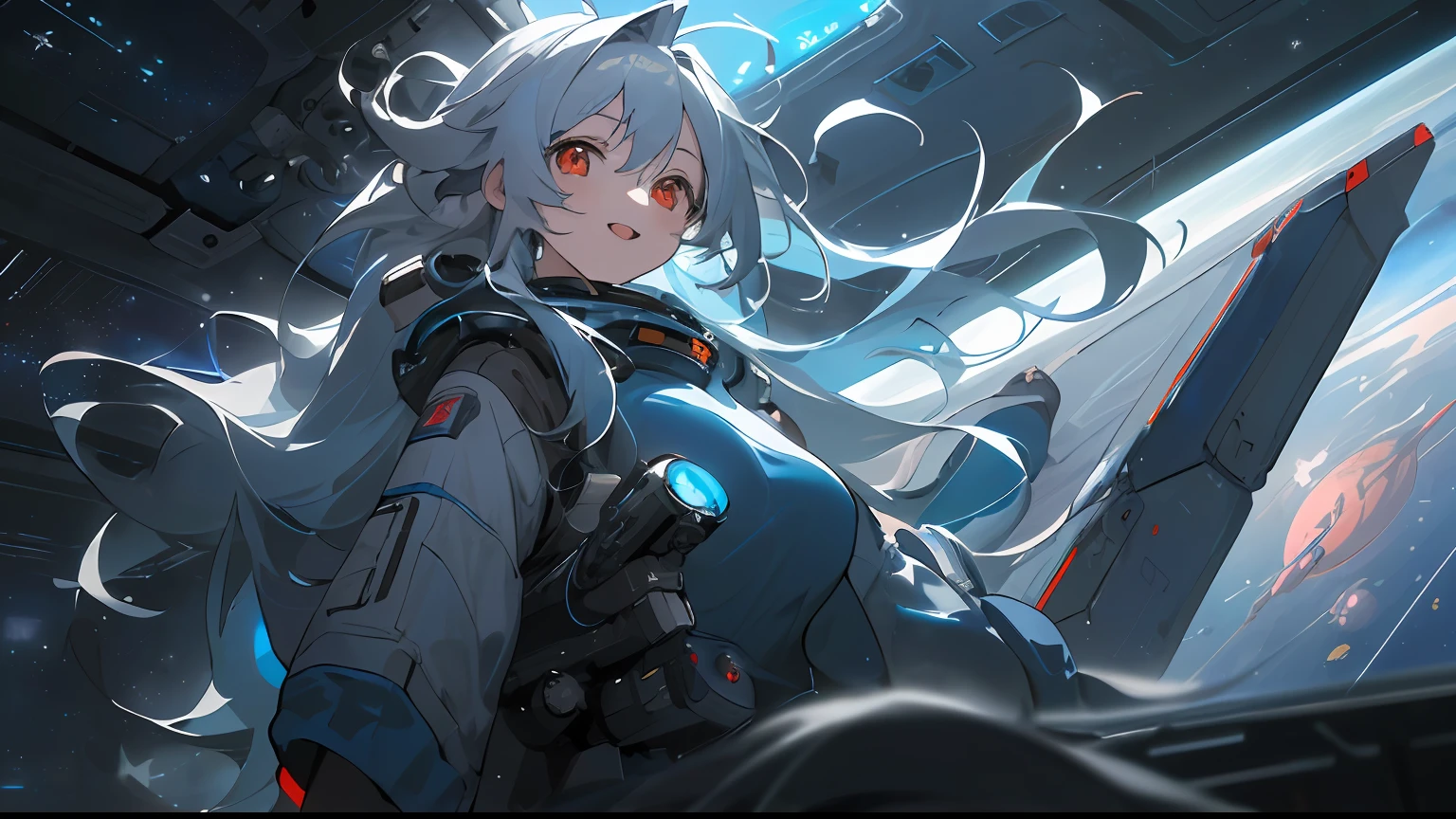 ((unparalleled masterpiece, best quality, perfect artwork)), 1girl, very messy hair, blue | silver hair, very long hair, solo, (space), ((spacecraft)), (spacesuit), light red eyes, smile, floating hair:1.2, opened mouth, (looking at viewer,) indoors, flushed, cute, 15 years old, shy, bright lighting, big breasts