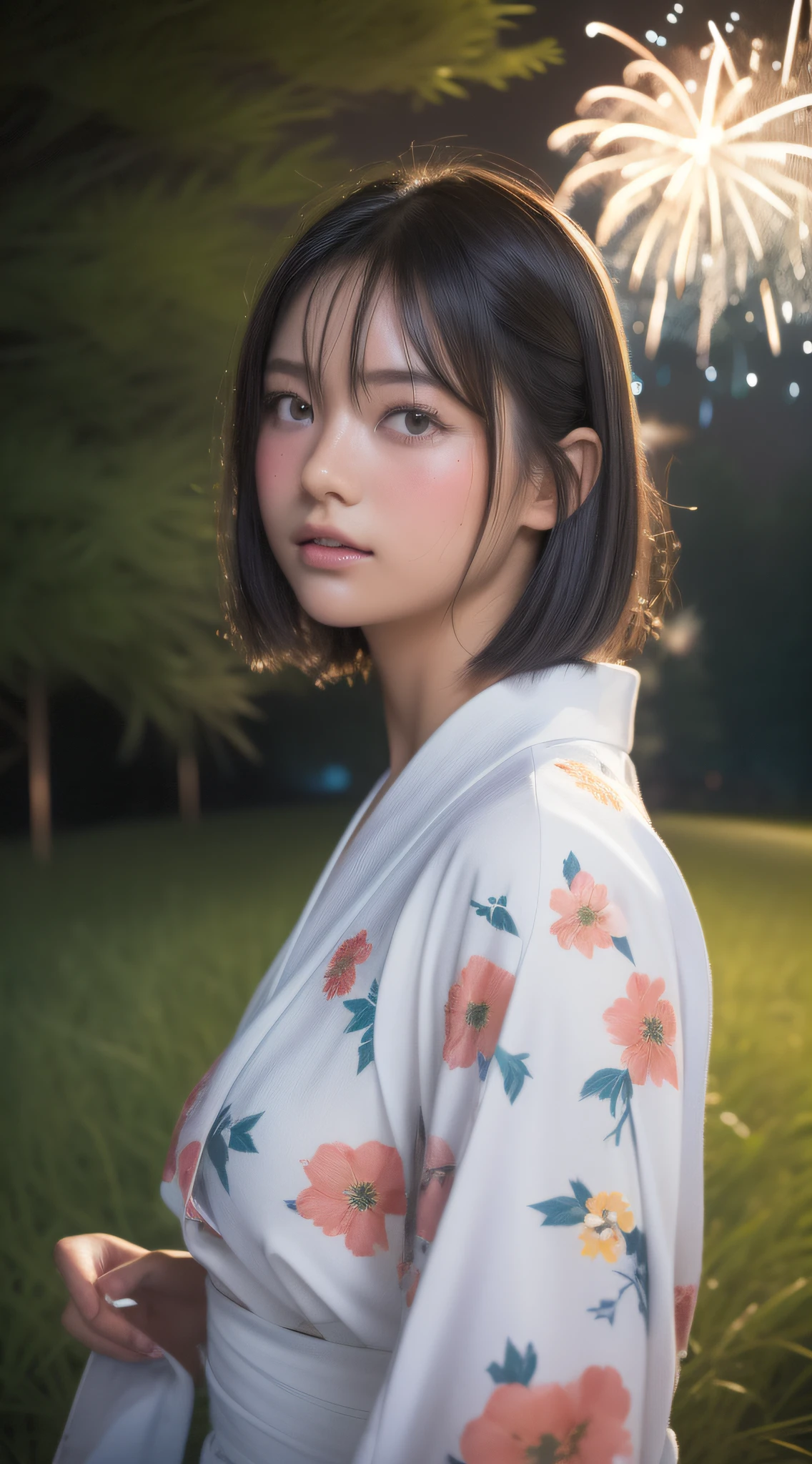 ((Night road in the countryside:1.5))、((Fireworks are set off in the sky:1.ung woman in white floral yukata:1.3))、(​masterpiece、top-quality) 、Soft lighting、absolutely outstanding image, very extremely beautiful、​masterpiece, top-quality,Photos, kawaii、(Colossal tits:1.2)、20 year old girl、(The skin is reddened:1.3)、Youngable Japan face, dewy skin, close up of face, Young Face, soft portrait shot 8 k, If々Shishi Japan girl realistic young idol、Young cute gravure idol、Young Sensual Gravure Idol、Young gravure idols、model in Japan