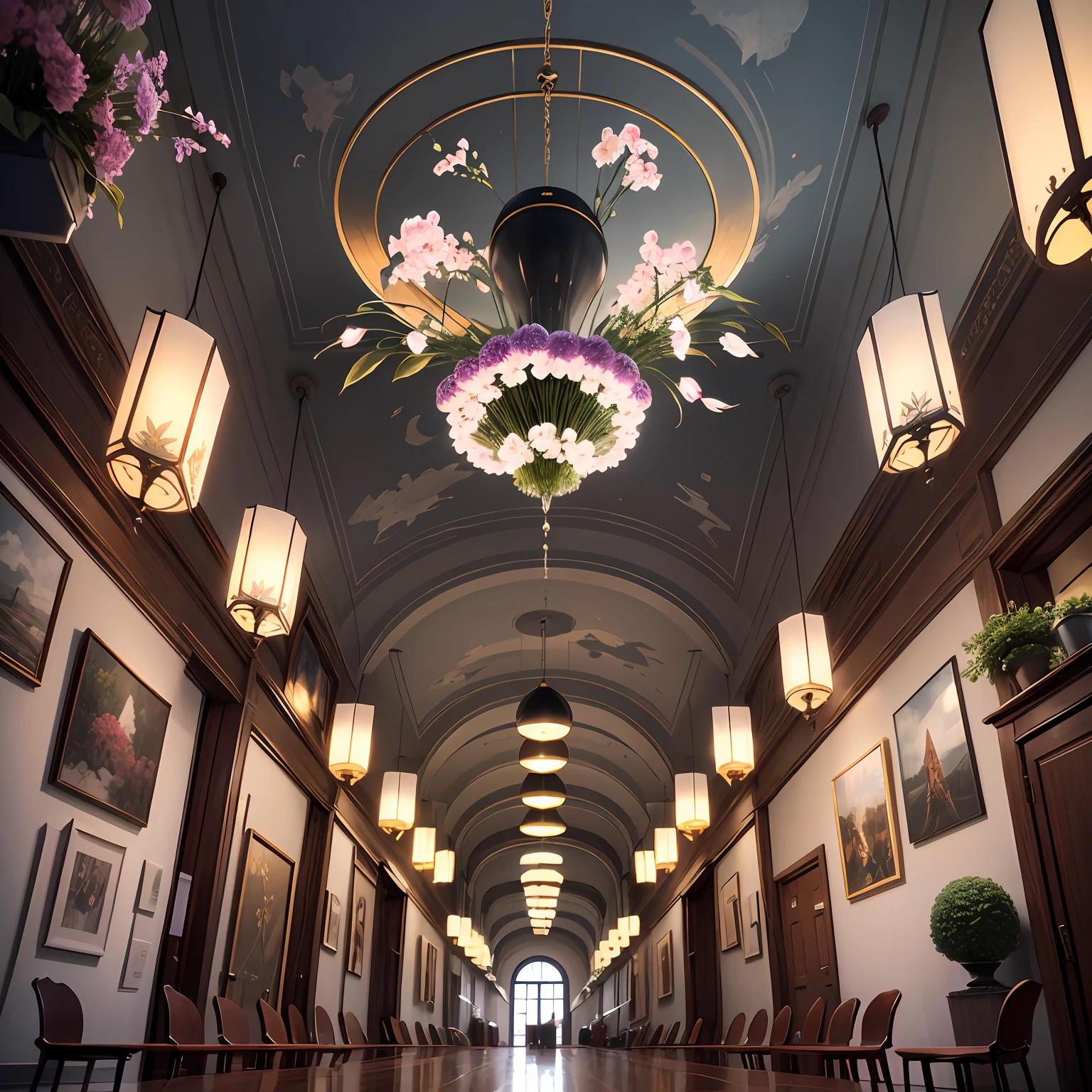 In a pure white space,Art chairs fall and spin in the air,nogami。Crystal lamps suspended in the air, There are wild flowers on the table,delicacies。