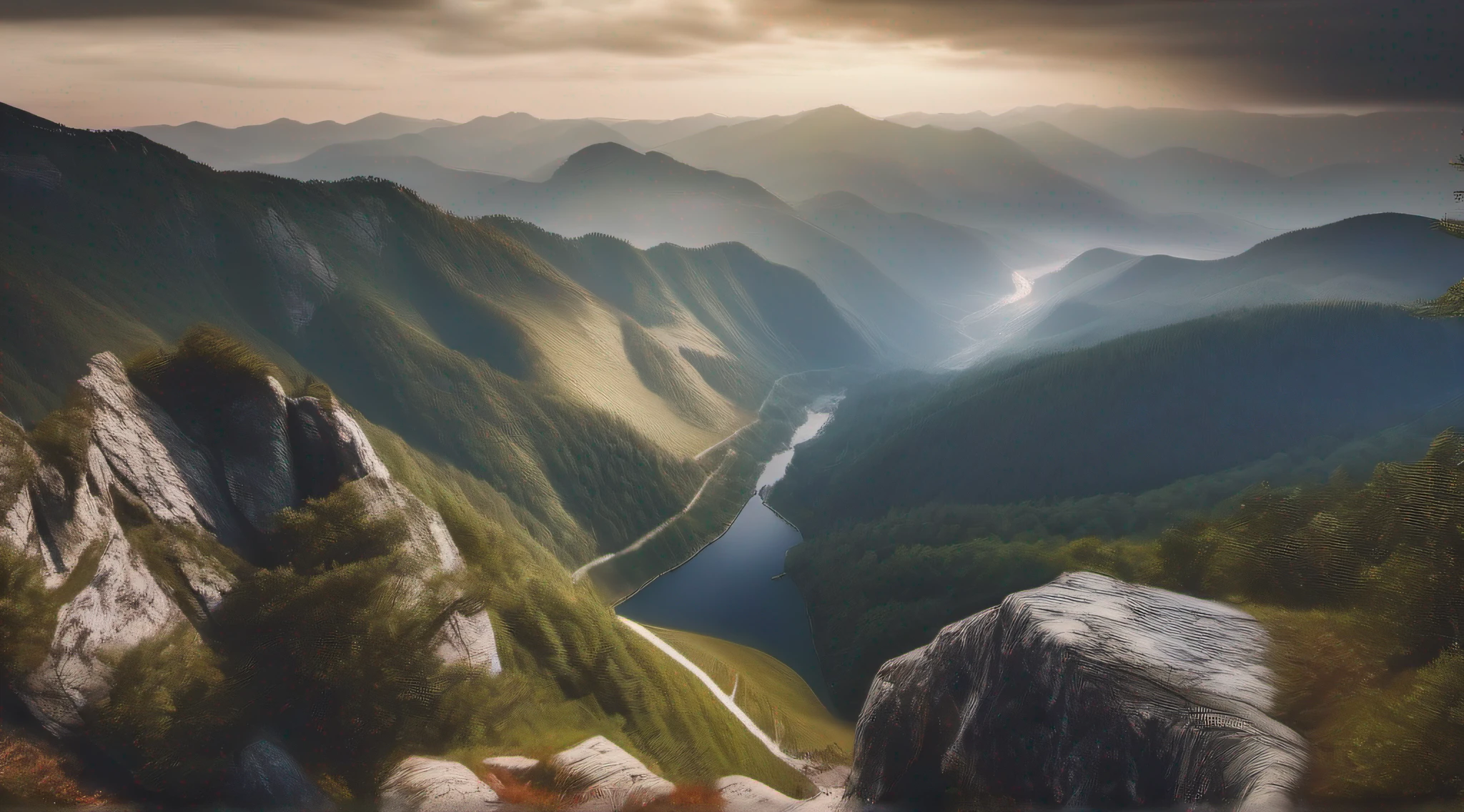 looking at the landscape from the top of a mountain, breathtaking scenery, 8k resolution image.