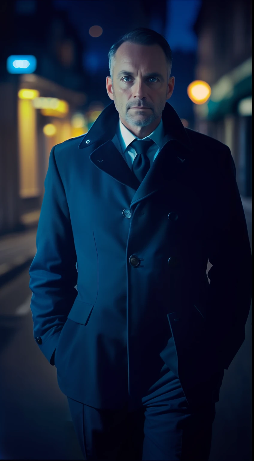 {
(Character: one English man, 40 years old, short windswept hair, strong body)
(Clothing: blue police uniform, tie, shoes)
(Posing against a city street at night)
(Abstract colors, texture, film grain, analog style, cinematic movie still frame)
(Skin pores, dusty atmospheric haze, vignetting, wrinkles:0.2, intricate hasselblad dslr RAW dramatic portrait photo, eye contact, nofilter selfie, (backlit)1.2, (film grain)1.2)
)