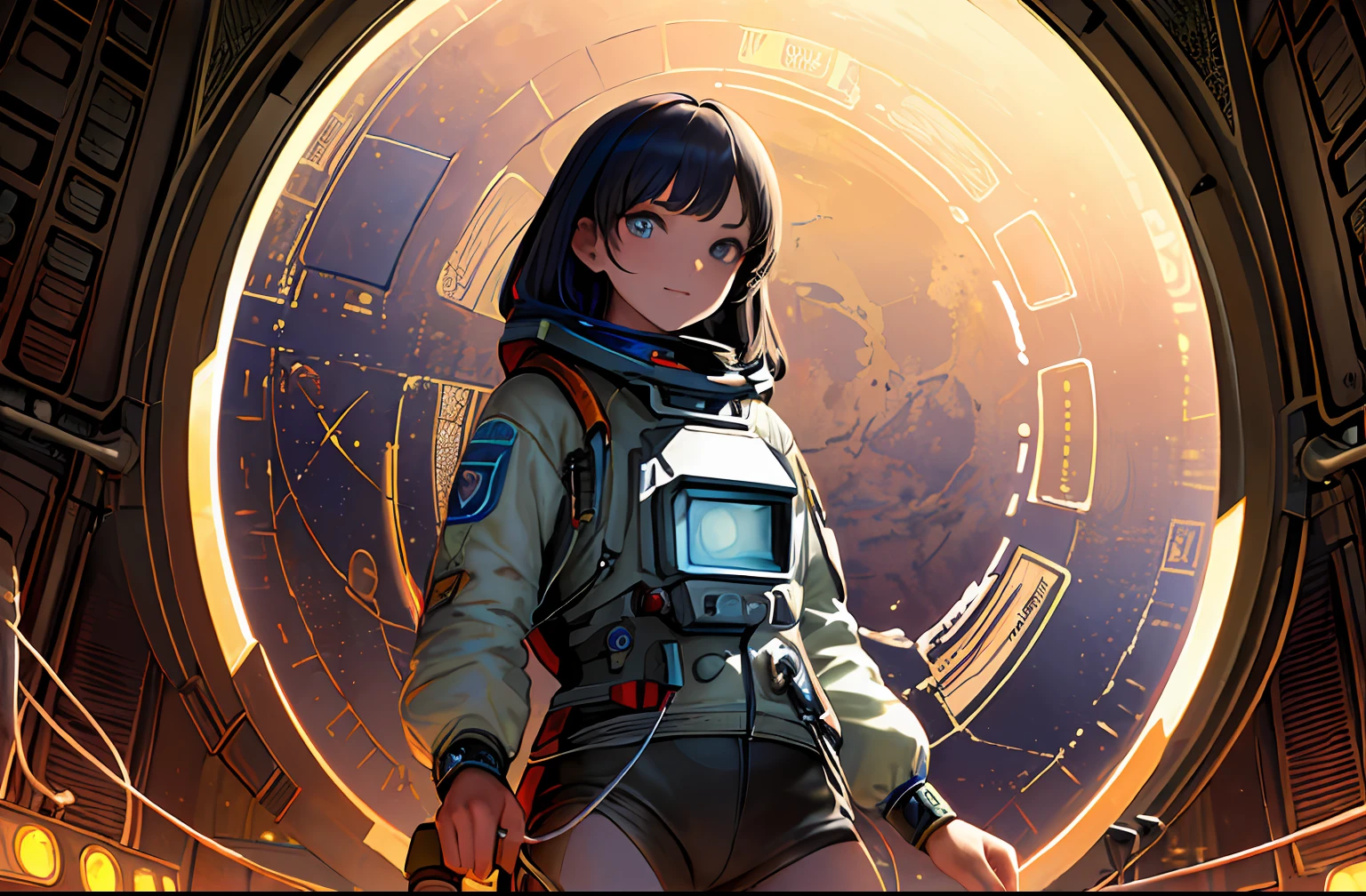 (masterpiece, top quality, best quality, extreme detailed, highest detailed, official art, beautiful and aesthetic:1.2), colorful,  cowboy shot, beautiful face, solo, perfect body, beautiful eyes, 1girl, in space, spacecraft, spacesuit, indoors, (wires and cables:1.1), (science fiction:1.2), porthole, (space in illuminator:1.1), stars