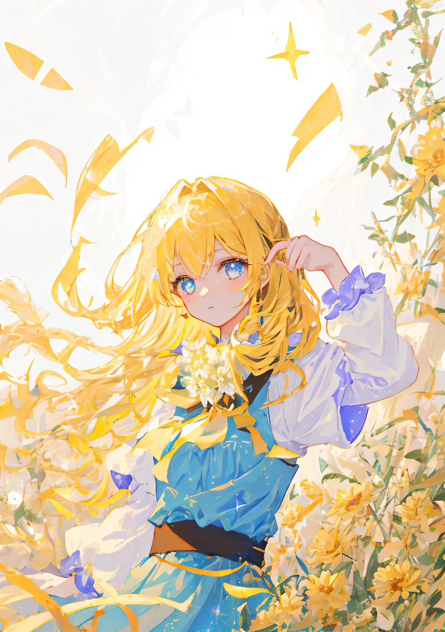 (best quality, masterpiece), 1girl, galaxy, glitter, dress, particle, wind, flower, upper body, dark simple background, looking at viewer, blonde,