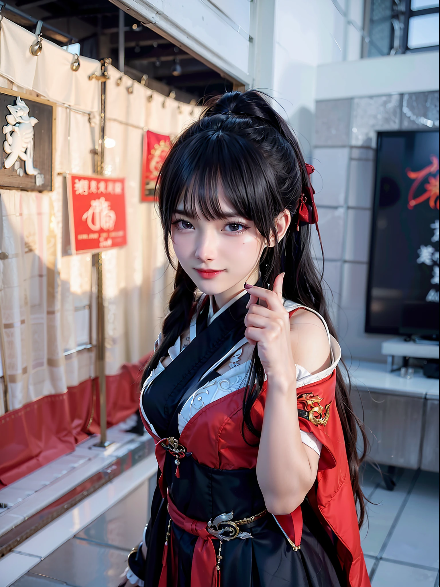 High quality 8k photos at masterpiece level:A martial arts style picture in a pose。A 20-year-old woman holds a knife on her chest。She has a single ponytail,Red braided rope,Wearing a cloak。Perfect facial features,Keep your mouth shut,With an evil smile,Expose one shoulder。With your back to the camera,There is a dragon tattoo on the back。