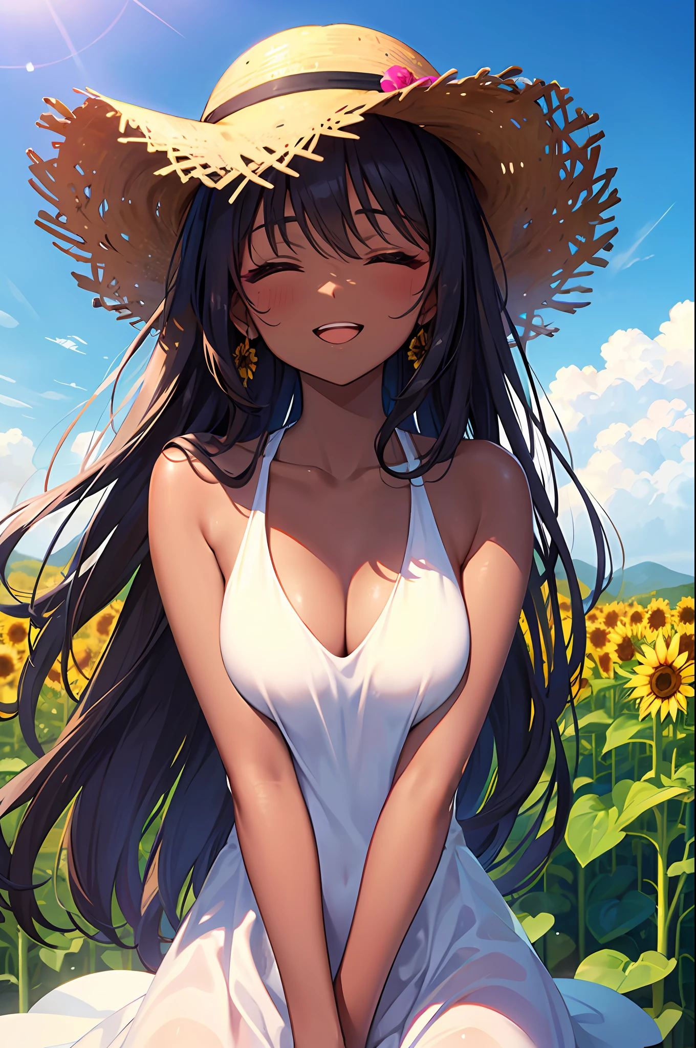 Highest quality, The Masterpiece, unbelievably beautiful, very delicate 8k wallpaper, Transcendently Beautiful Girl, Black gal, (dark skin), (long Blonde Hair Pink Gradient Hair), BREAK, Open your mouth and laugh smile, long eyelashes, makeup, closed eyes, BREAK, Straw hat, (White one piece), sunflower field background, hair and clothes fluttering in the wind,