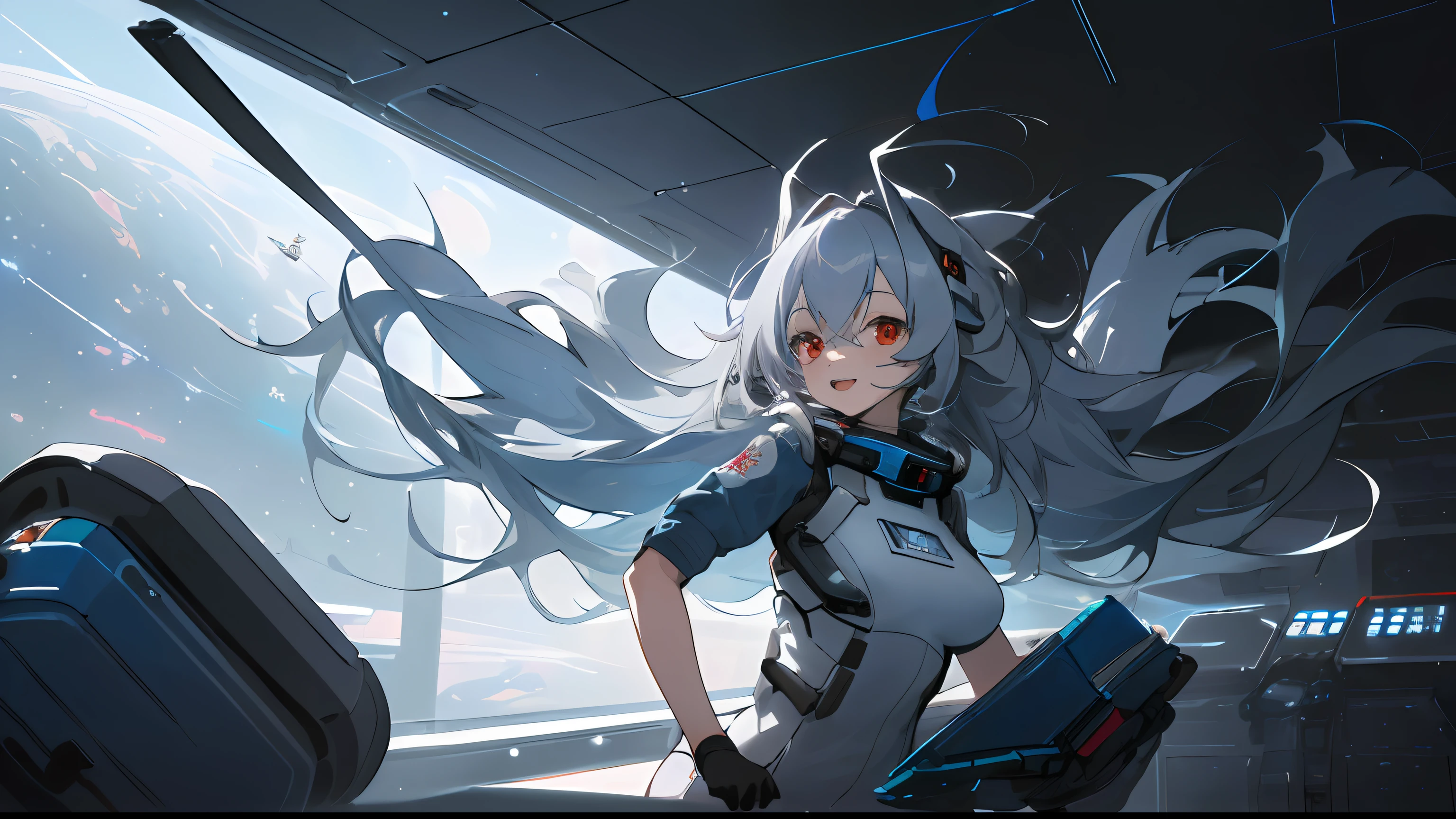 ((unparalleled masterpiece, best quality, perfect artwork)), 1girl, very messy hair, blue | silver hair, very long hair, solo, (space), ((spacecraft)), (spacesuit), light red eyes, smile, floating hair:1.2, opened mouth, (looking at viewer,) indoors, flushed, cute, , shy, bright lighting, big breasts