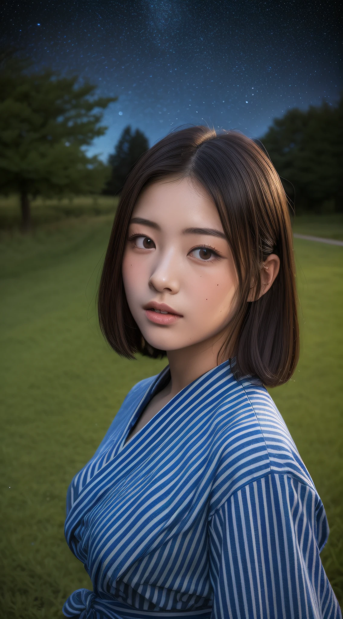 ((Night road in the countryside:1.5))、((Starry sky:1.4))、((Young woman wearing yukata with white vertical stripes:1.3))、from below、looking up、(masterpiece、top-quality) 、Soft lighting、absolutely outstanding image, very extremely beautiful、masterpiece, top-quality,Photos, kawaii、(Colossal tits:1.2)、20 year old girl、(The skin is reddened:1.3)、Young adorable Japan face, dewy skin, close up of face, Young Face, soft portrait shot 8 k, If々Shishi Japan girl realistic young idol、Young cute gravure idol、Young Sensual Gravure Idol、Young gravure idols、model in Japan