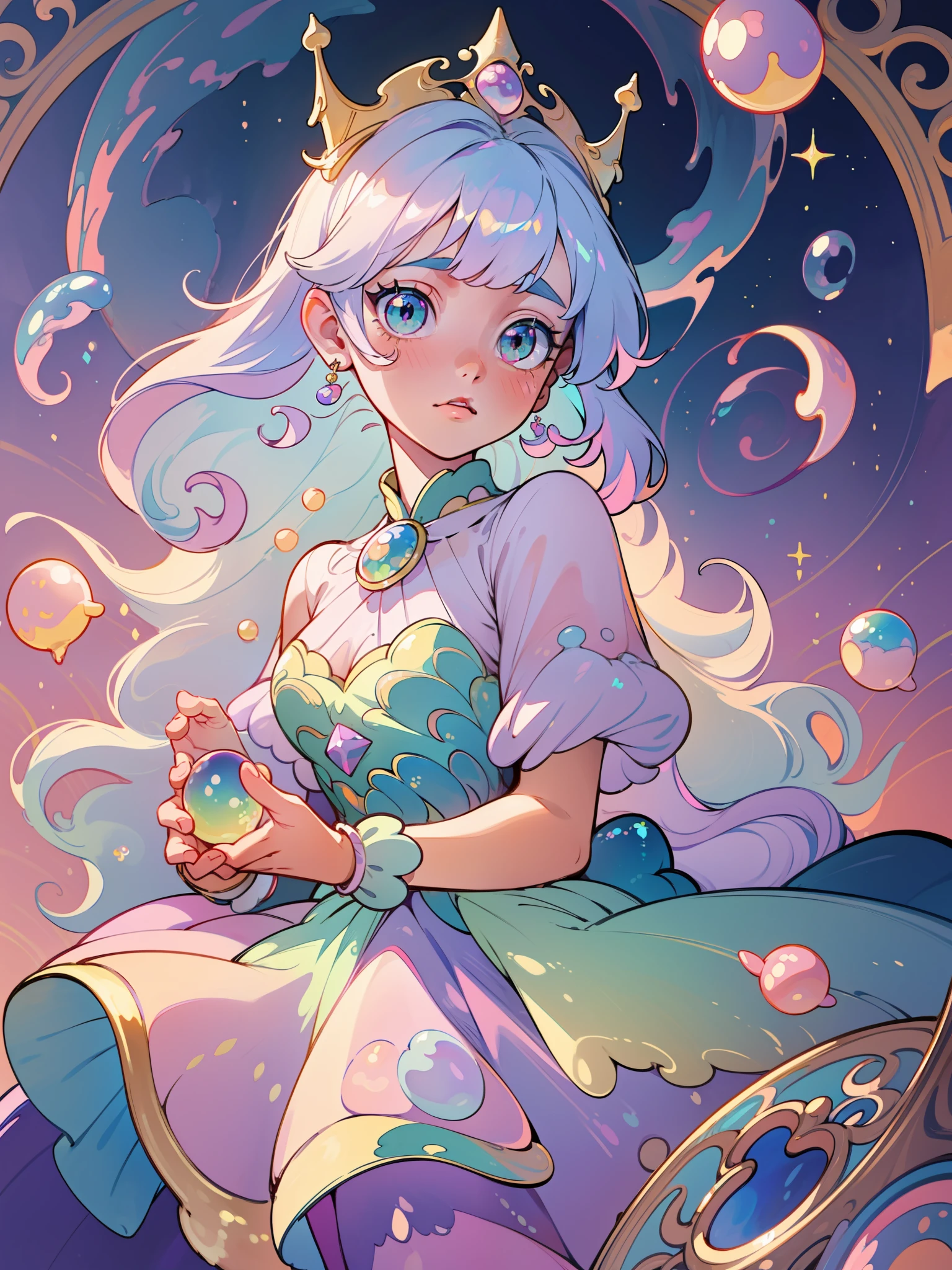 masterpiece, best quality, 8k resolution, sharp focus, intricate detail, beautiful girl, sparkling eyes, golden ratio face, otherworldly liquid, watercolor, ((pastel colors)), bright colors, whimsical, colorful, sharp focus, high resolution, fine detail, princess fantasy ballgown, ((round eyes)), iridescent bubbles, castle landscape in background