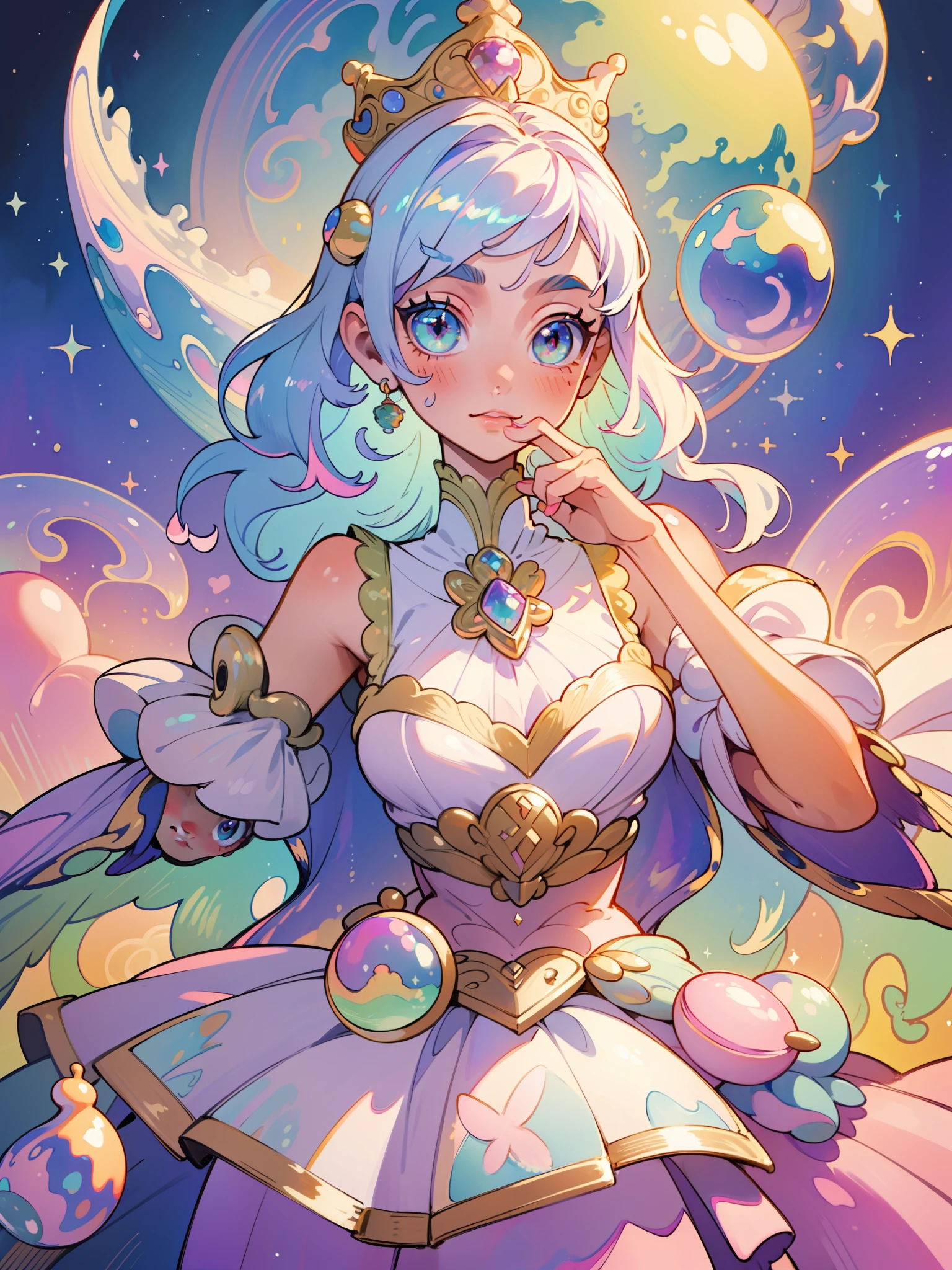 masterpiece, best quality, 8k resolution, sharp focus, intricate detail, beautiful girl, sparkling eyes, golden ratio face, otherworldly liquid, watercolor, ((pastel colors)), bright colors, whimsical, colorful, sharp focus, high resolution, fine detail, princess fantasy ballgown, ((round eyes)), iridescent bubbles, castle landscape in background