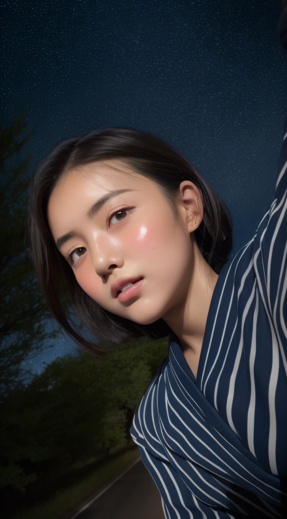 ((Night road in the countryside:1.5))、((Starry sky:1.4))、((Young woman wearing yukata with white vertical stripes:1.3))、((From below:1.4))、((Looking Up:1.4))、(masterpiece、top-quality) 、Soft lighting、absolutely outstanding image, very extremely beautiful、masterpiece, top-quality,Photos, kawaii、(Colossal tits:1.2)、20 year old girl、(The skin is reddened:1.3)、Young adorable Japan face, dewy skin, close up of face, Young Face, soft portrait shot 8 k, If々Shishi Japan girl realistic young idol、Young cute gravure idol、Young Sensual Gravure Idol、Young gravure idols、model in Japan
