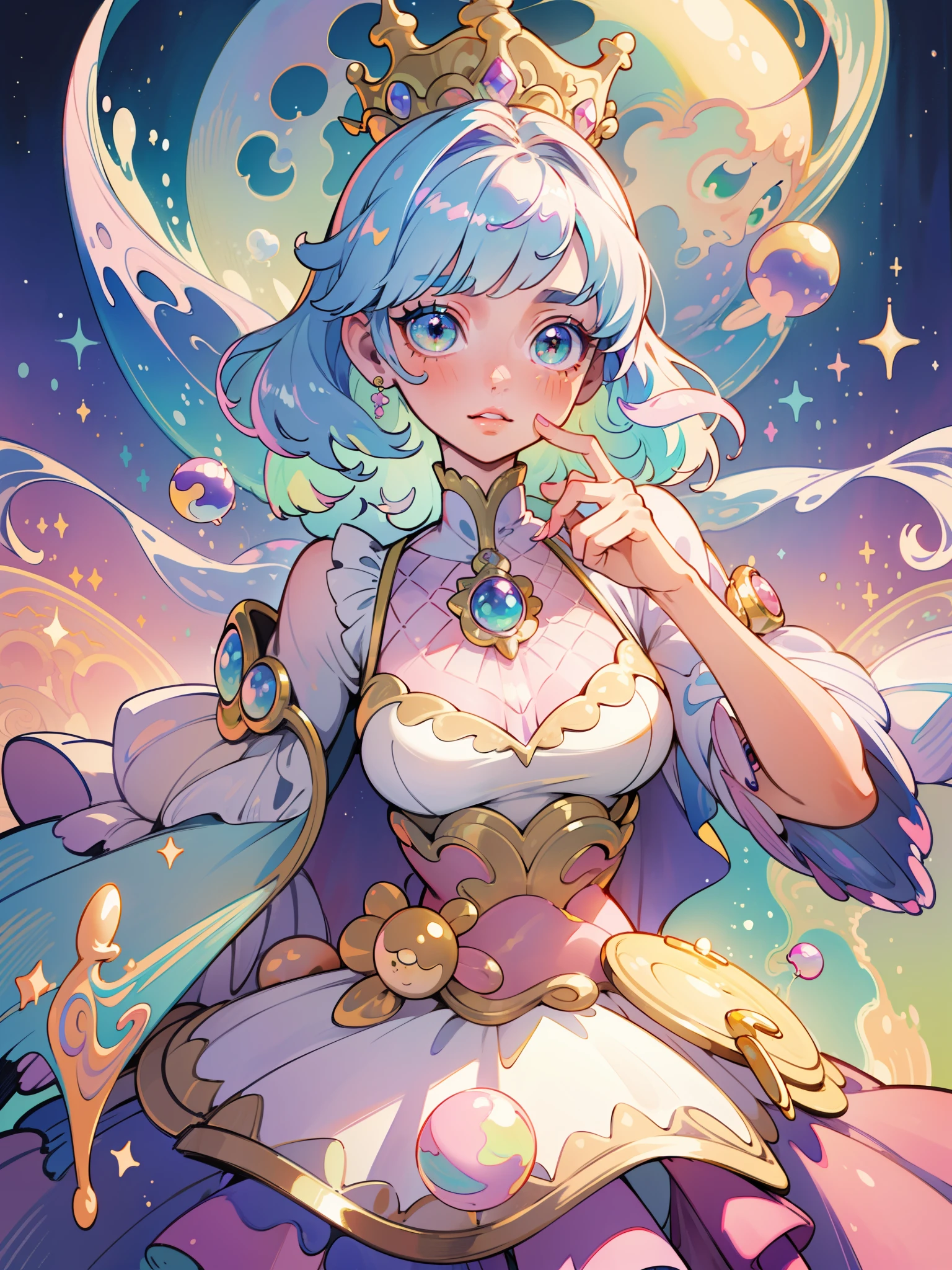 masterpiece, best quality, 8k resolution, sharp focus, intricate detail, beautiful girl, sparkling eyes, golden ratio face, otherworldly liquid, watercolor, ((pastel colors)), bright colors, whimsical, colorful, sharp focus, high resolution, fine detail, princess fantasy ballgown, ((round eyes)), iridescent bubbles, castle landscape in background