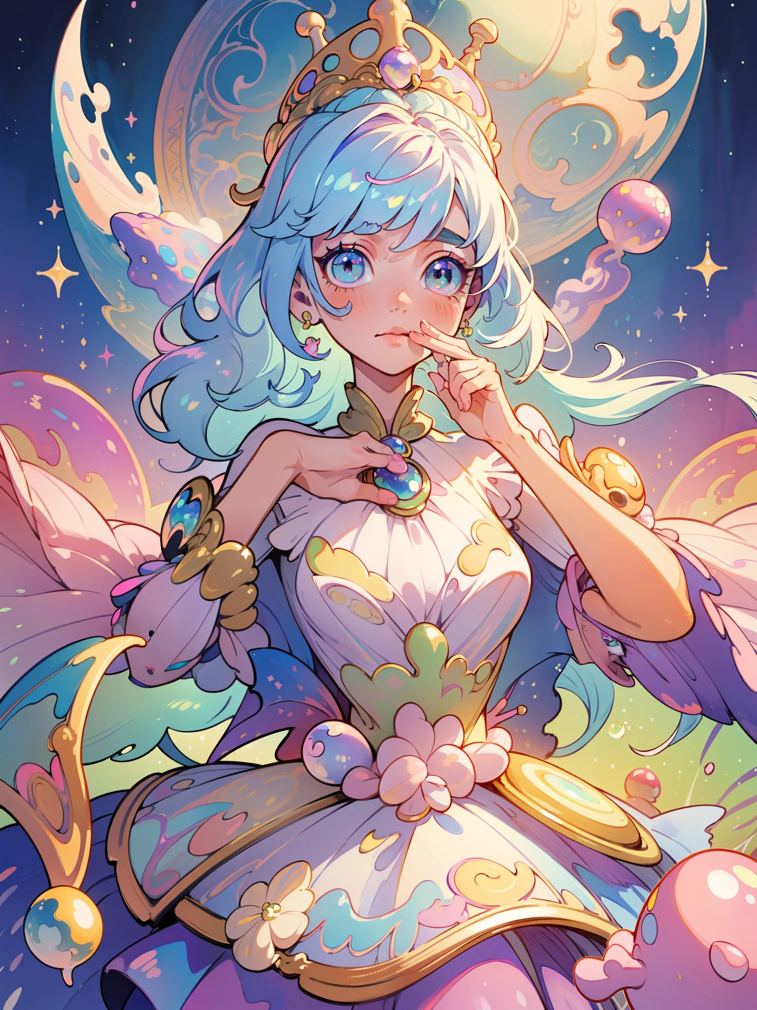 masterpiece, best quality, 8k resolution, sharp focus, intricate detail, beautiful girl, sparkling eyes, golden ratio face, otherworldly liquid, watercolor, ((pastel colors)), bright colors, whimsical, colorful, sharp focus, high resolution, fine detail, princess fantasy ballgown, ((round eyes)), iridescent bubbles, castle landscape in background