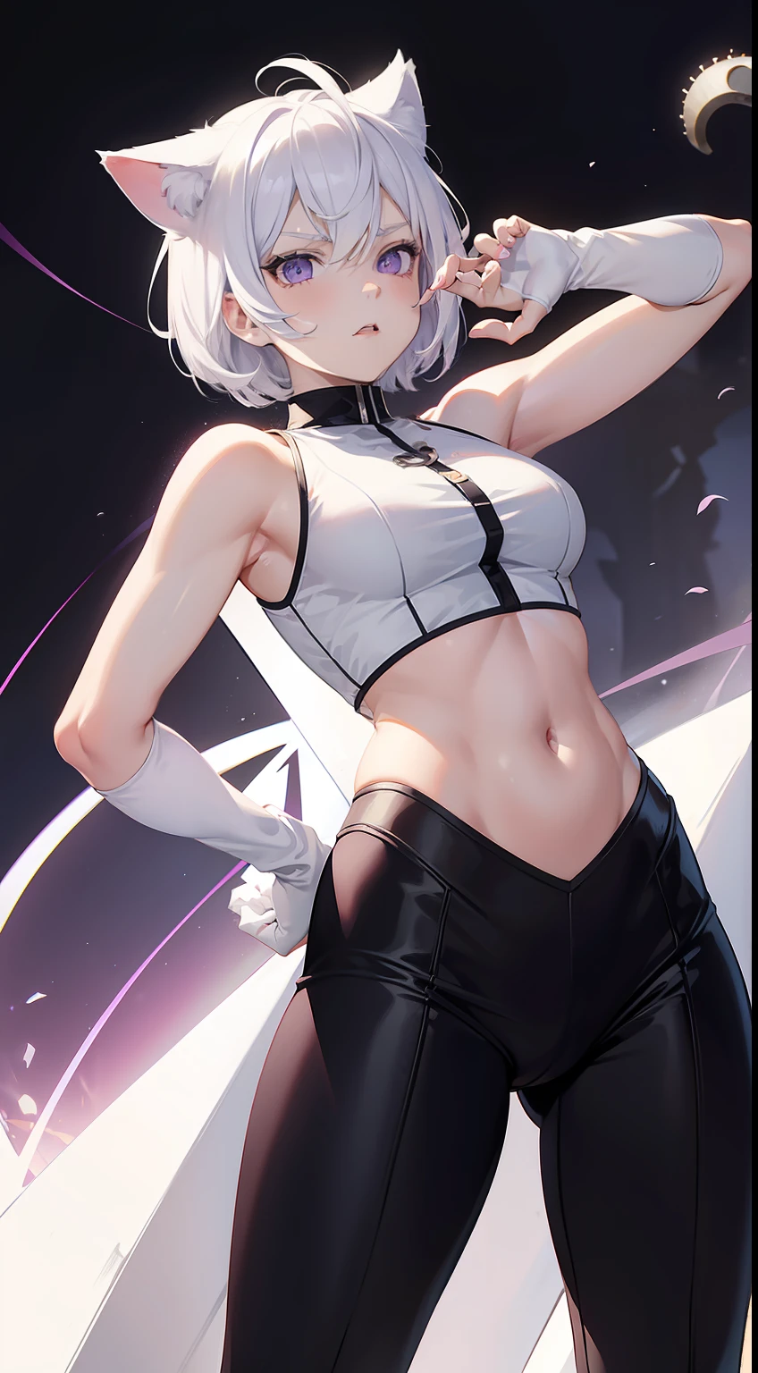 Adult woman, short white hair, cat ears, violet eyes, White superhero uniform, Sleeveless, open belly, t shirt, breeches, claws, anger, Masterpiece, hiquality