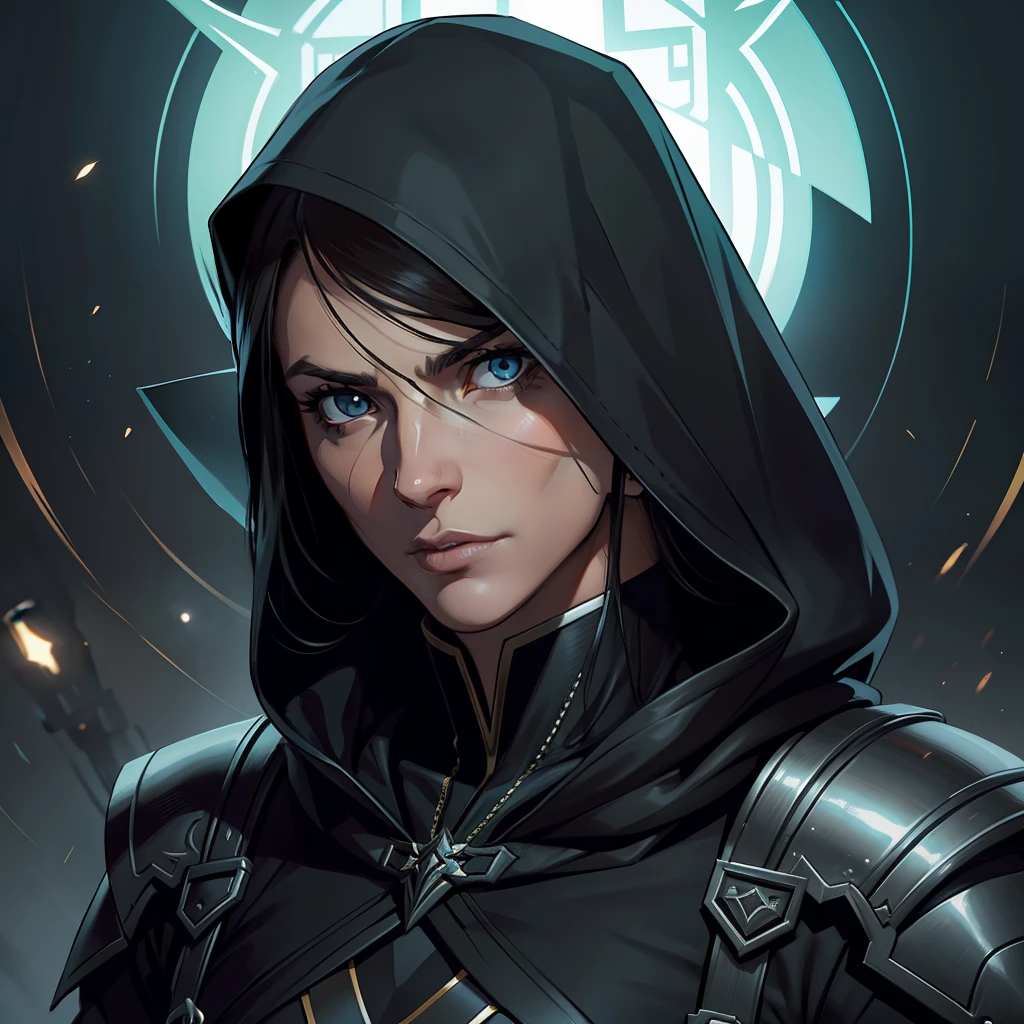 Handsome male assassin wearing demon hunter clothes, androgynous, (retrato detalhado), cell-shaded, 4 mil, cores vivas, arte conceitual fotorrealista de wlop, Ilya Kuvshinov, Artgerm, Krenz Cushart, Greg Rutkowski, Pixiv. cinematic dramatic atmosphere, foco nítido, volumeric lighting, cinematic lighthing, studio quality, cabelos pretos, olhos pretos, Chifres Pequenos, olhos pretos