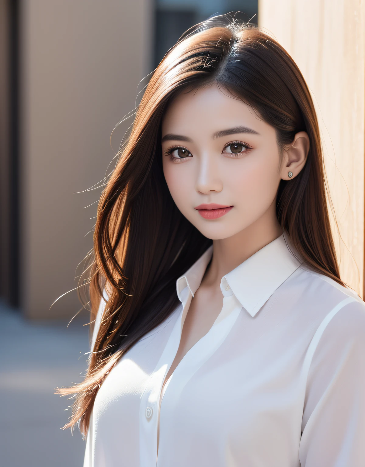 best quality, white skin, real human skin, (detailed fac), oval face, pores, ultra high res, (8k, RAW photo, photorealistic:1.4), 1girl, slim, (looking at viewer with a serene and goddess-like happiness:1.2), ( lipgloss, eyelashes, gloss-face, best quality, ultra highres, Broad lighting, natural shading), oversized jacket, fashion shirt,  cityscape,