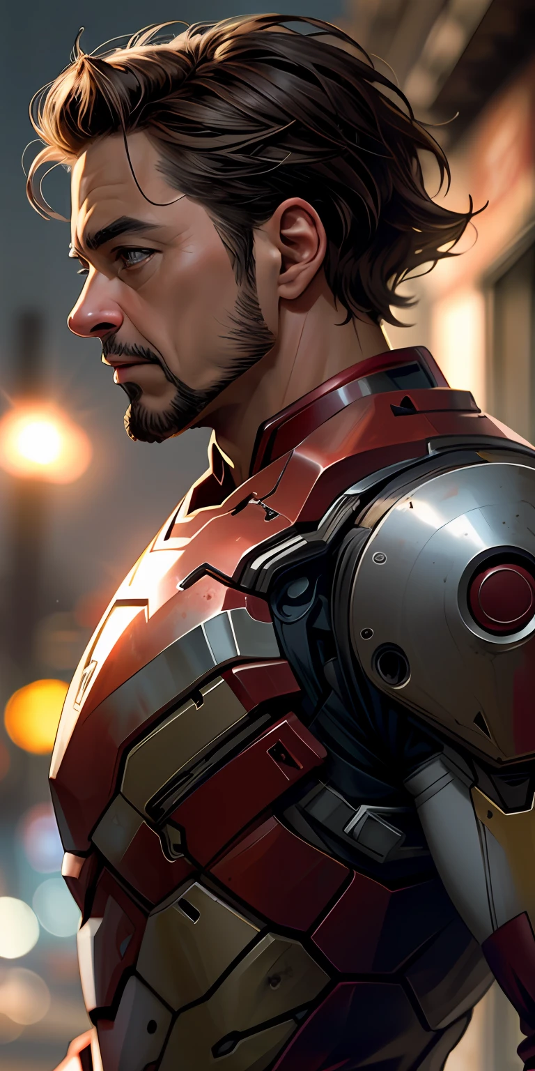 Portrait photo of Robert Downey Jr in iron man modern suit  ,perfect eyes ,  in a worn mecha exosuit,((light bokeh)), intricate, (steel metal [rust]), elegant, sharp focus, photo by greg rutkowski, soft lighting, vibrant colors, masterpiece, ((streets)), detailed face