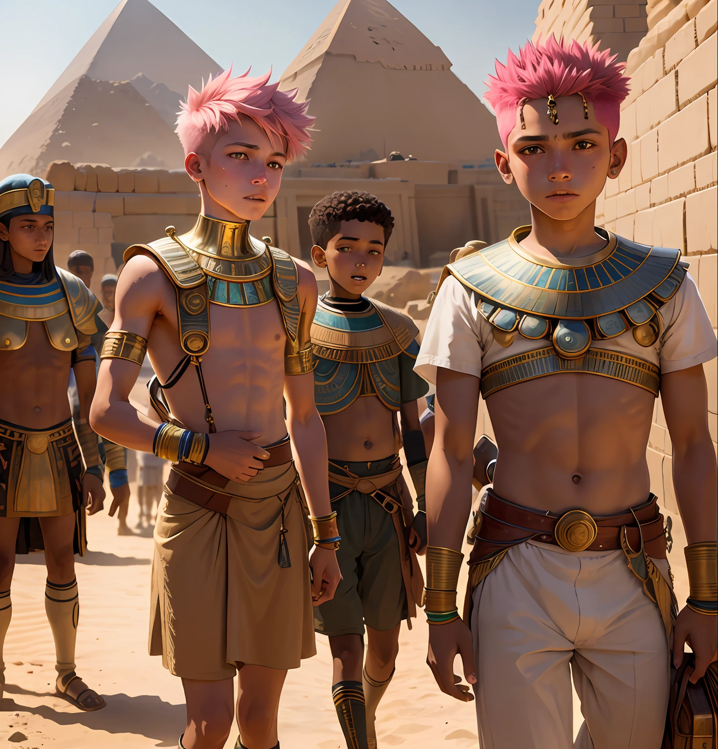 Several 14-year-old boys in a fist in Egypt A 15-year-old boy with pink hair is a man who has honey-colored eyes at the bottom of ancient Egypt you can see the pyramids