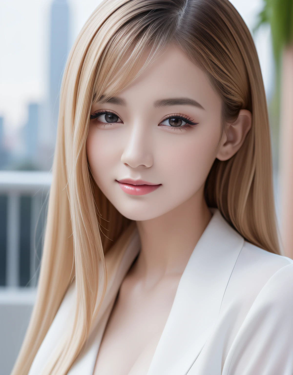 best quality, white skin, real human skin, (detailed fac), oval face, pores, ultra high res, (8k, RAW photo, photorealistic:1.4), 1girl, slim, (looking at viewer with a serene and goddess-like happiness:1.2), ( lipgloss, eyelashes, gloss-face, best quality, ultra highres, Broad lighting, natural shading), oversized jacket, fashion shirt,  cityscape,