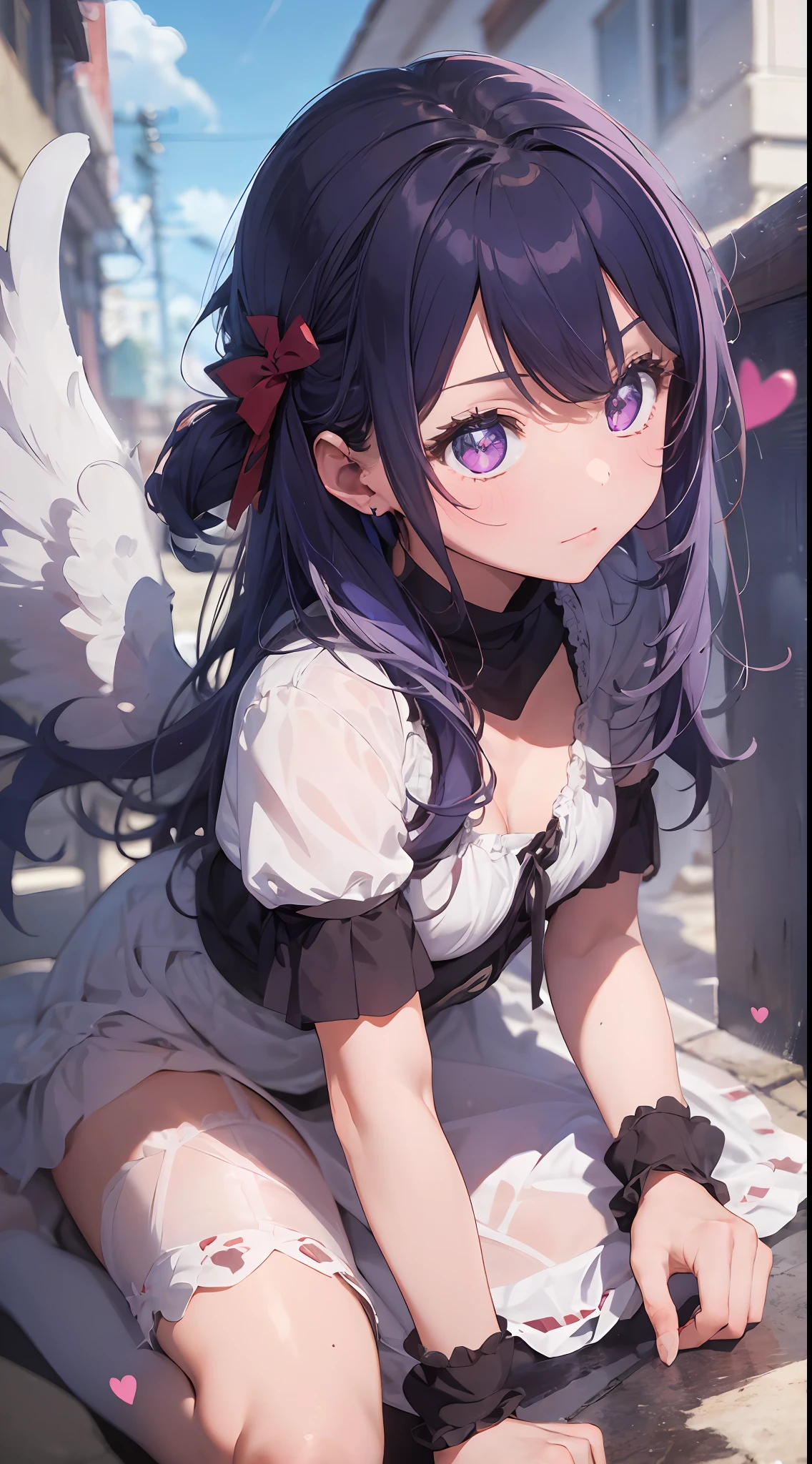 【Best Quality】Masterpiece in every detail, petite girl (mature: 1.4) 130mm f/1.4 lens 1 girl solo ear heart shaped pupil micro dress angel girl flat chest angel wings colored silver hair blue purple hair purple eyes, professional fantastic effect, best production like a scene from a movie