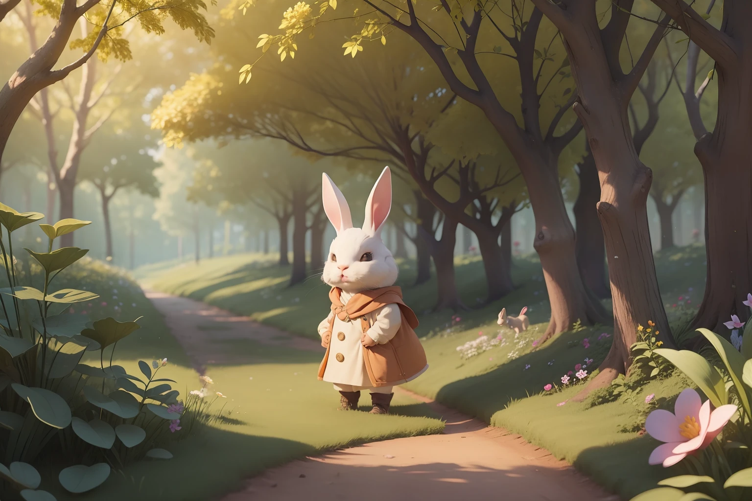 Once upon a time, there was a little bunny named Leo who lived in a cozy burrow in the Flower Woods. Leo was a curious bunny who always dreamed of exciting adventures beyond the woods. One day, while strolling through the clearing, he came across a mysterious footprint he had never seen before. Determined to find out what it belonged to, Leo decided to follow the trail to the heart of the forest.