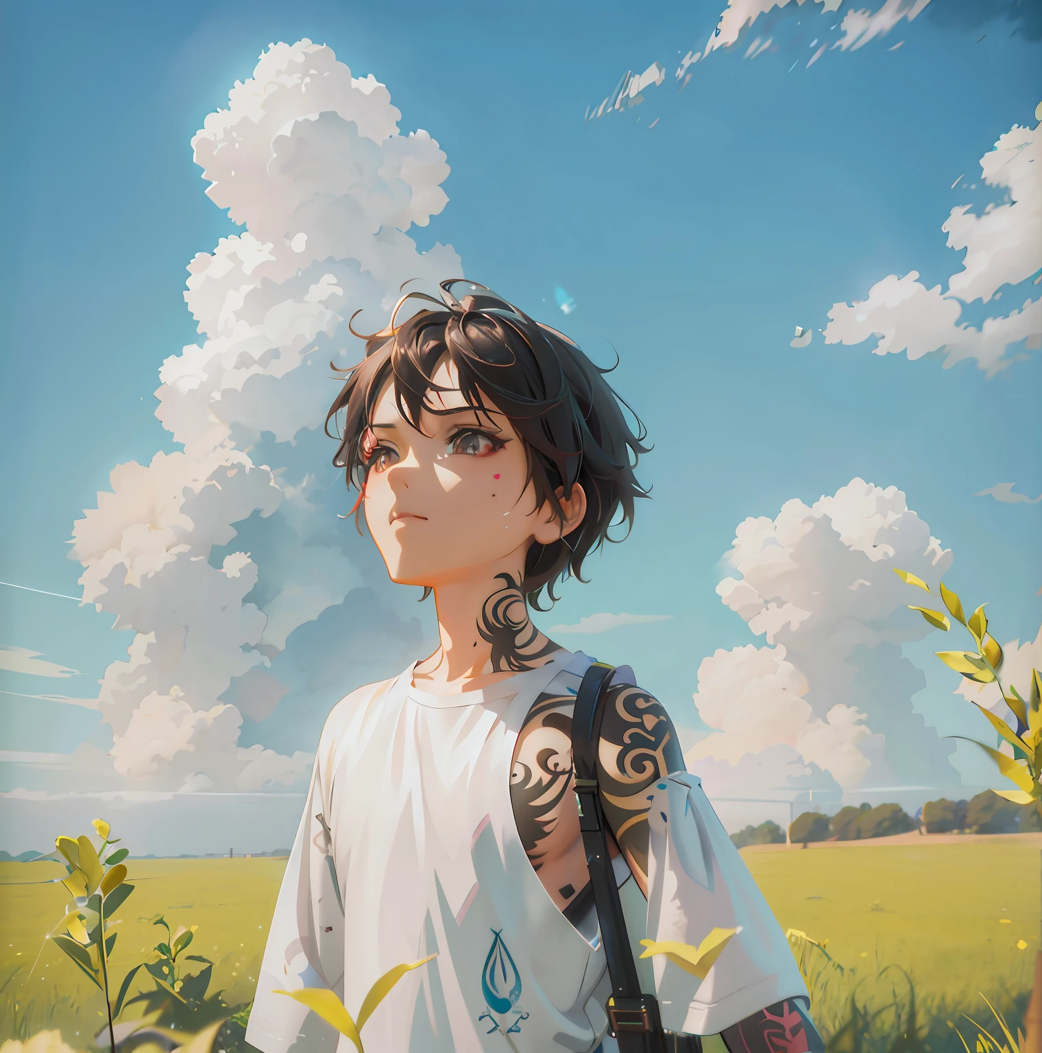 There was a man with a tattoo on his arm standing in the field, Guviz-style artwork, Realistic anime 3 D style, low details. Digital painting, Makoto Shinkai Cyril Rolando, anime realism style, great digital art with details, Anime style. 8K, Anime style mixed with Fujifilm, anime styled digital art, anime styled 3d