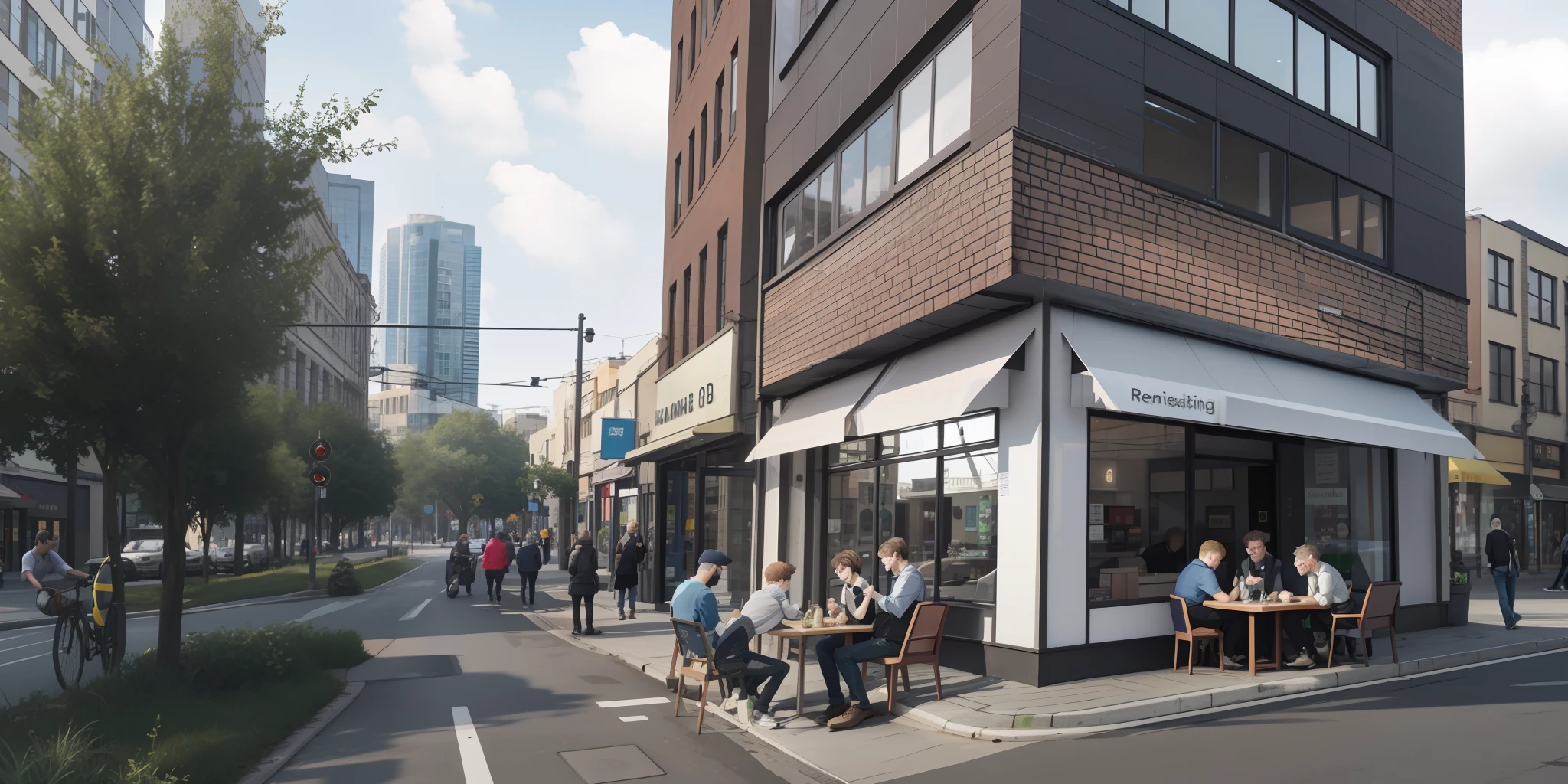 Renderings of busy streets,Young people sit at tables to eat, artistic impression, author:Emma Andievska, true realistic image, detailed renderings, artist impression, author:Gavin Nolan, Hyper-realistic, hyper - realistic, Renders, author:Sam Black, A digital rendering, photorealistic image, subtle detailing, author:Benjamin Bullock, Location shooting, hyper realisitc