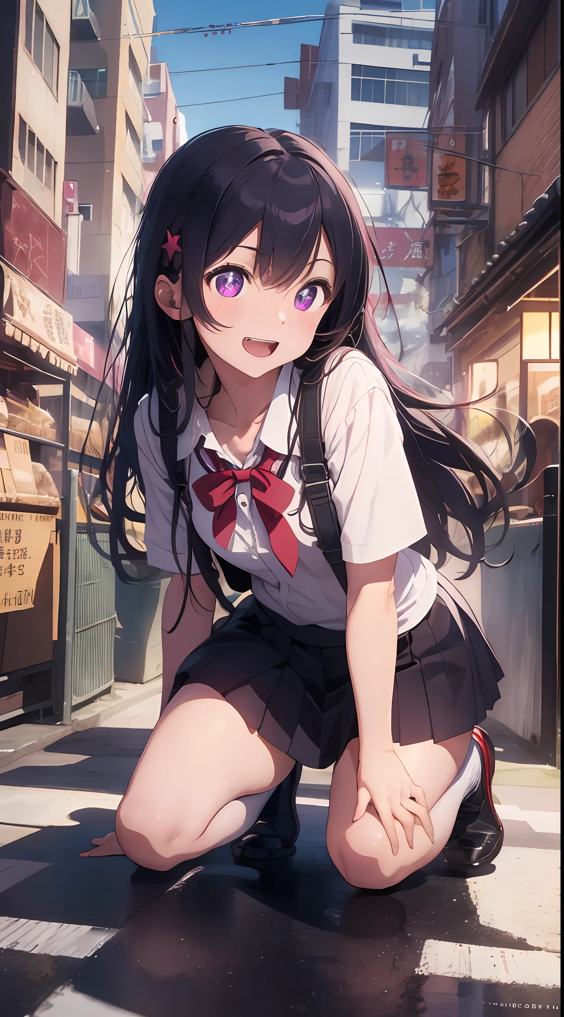【Best Quality】Masterpiece in every detail, 15 years old petite girl (Mature: 1.4) Move the center of gravity back, put your hands forward from both feet, put both feet in the hand ring, quite embarrassing, no panties, thin legs, tight skirt, 90 degree knees, heels on the ground, hands in front of feet, hug feet, kneeling, sidewalk, RAW photos, 16K, best quality, super high resolution, beautiful face in every detail, realistic human bare skin, gentle expression, front view, angle from below, Hoshino Ai, long hair, purple hair, streaked hair ,purple eyes, star-shaped pupils, hair ornament, concert, laughing, floating hair, realistic, photorealistic, cute, Short skirt, crouching deep in the city, cute high school girl, Japan schoolgirl uniform, surreal schoolgirl, full body, professional fantastic effects, best rendition like a scene from a movie