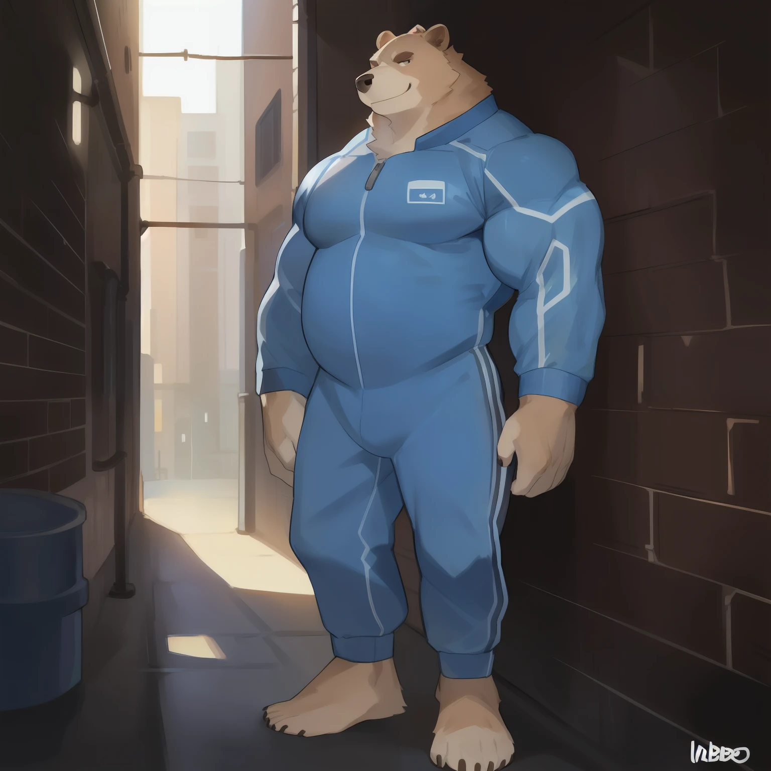 Solo, male, grizzly bear, tan fur, standing, alleyway, (((muscular, tall, buff, strong, powerful, biceps))), slightly chubby, by bebebebebe, smirking, blue military spacesuit