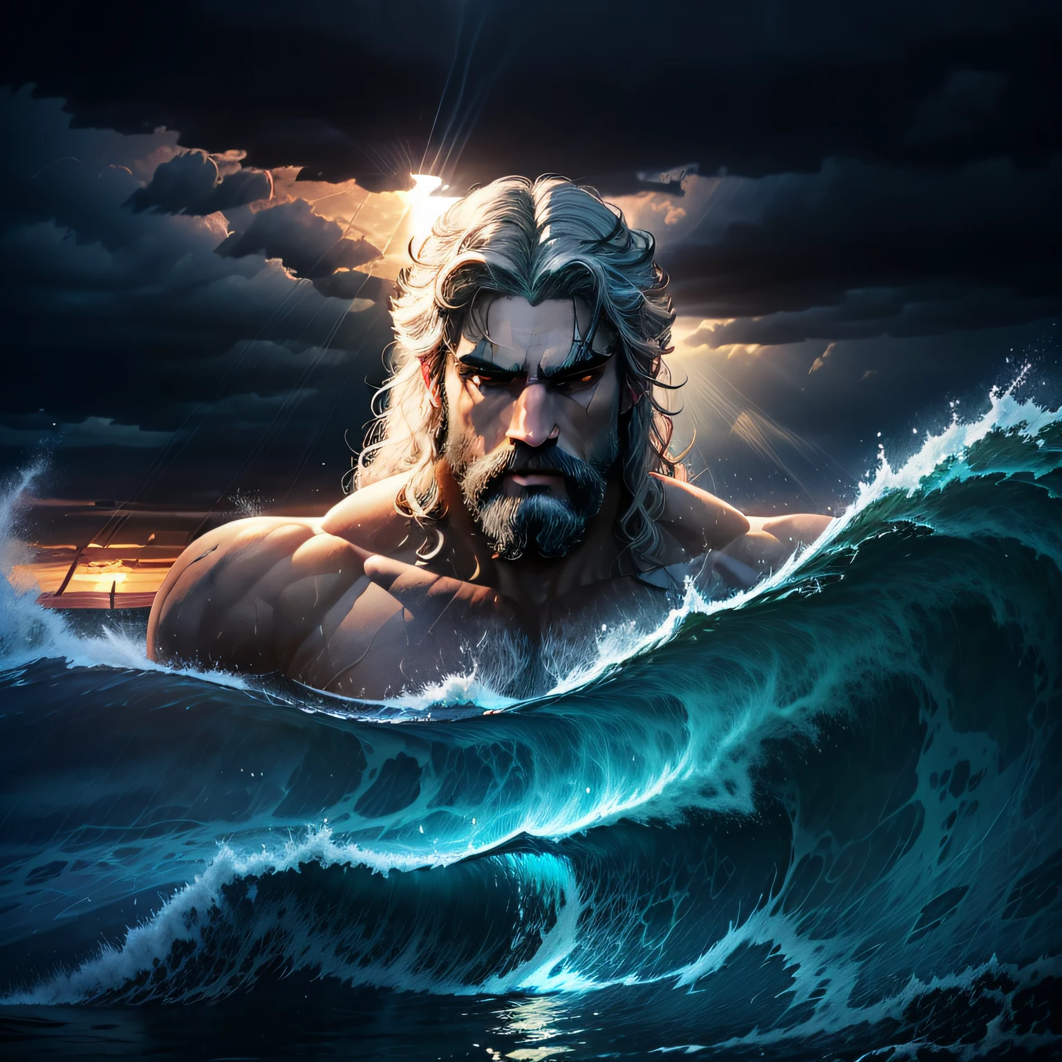 a magnificent and imposing vision of Poseidon, gigantic, taming the waves of a sea in the middle of a storm, half-open sky, with some rays of sunlight passing through the clouds, rough sea, waves in motion and Poseidon in the middle controlling the sea, god of the seas in greek mythology, greek mythology, history of greece, fabulous vision, awe-inspiring, fantastic realism, intricate details, best picture, realism, high definition, masterpiece.