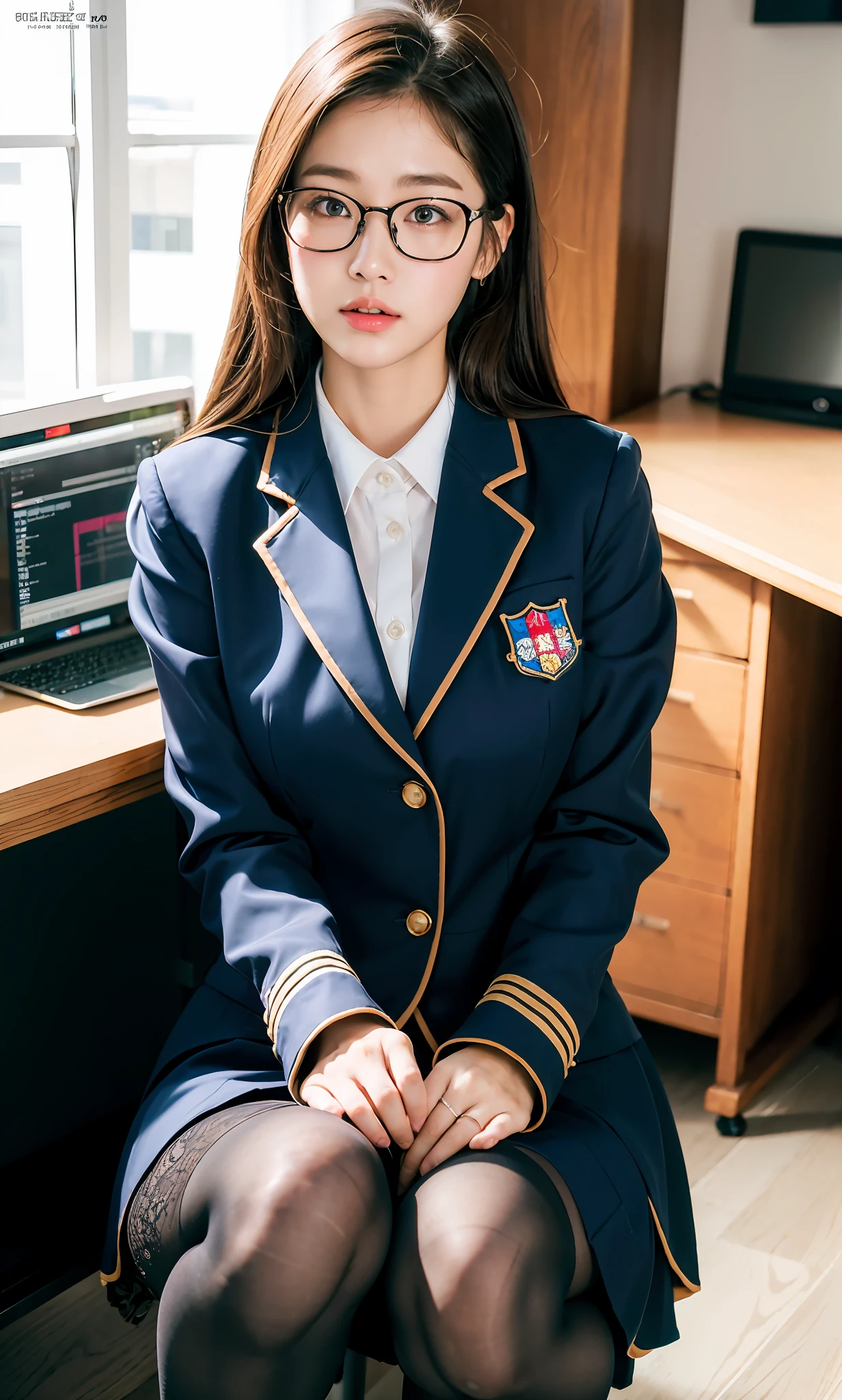 ulzzang-6500-v1.1, (raw photo:1.2), (photorealistic:1.4), beautiful detailed girl, very detailed eyes and face, beautiful detailed eyes, absurd, incredibly ridiculous, huge file size, super detailed, high resolution, very detailed, best quality, masterpiece, kemomimi, ((office lady's uniform)), illustration, very detailed, CG, Unity, 8k wallpaper, amazing, fine details, masterpiece, best quality, very detailed CG uniform 8k wallpaper, face light, movie lighting, 1girl, , (without panties)), (with glasses), ((dynamic pose)), (camel toe), (half), (pantyhose), (pantyhose and legs)), ((knee-bending and leg-holding))