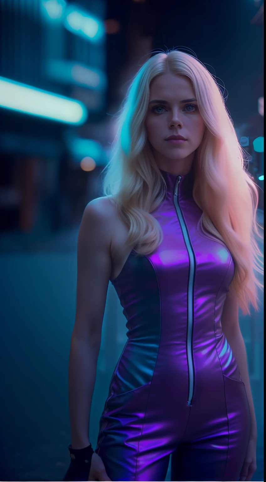 ( 
    (Character: one russian woman, long wave hair, blonde hair, lean body, tall)
    (Clothing: purple futuristic jumpsuit, leg holster)
    (Posing against a city street at night)
    (Abstract colors, texture, film grain, analog style, cinematic movie still frame)
    (Skin pores, dusty atmospheric haze, vignetting, wrinkles:0.2, intricate hasselblad dslr RAW dramatic portrait photo, eye contact, nofilter selfie, (backlit)1.2, (film grain)1.2)
)