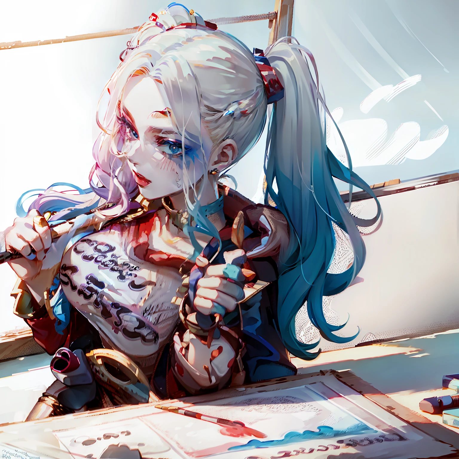 Powder blue gradient double ponytail，Royal Sister，Large breasts，hot girls，Drawing board，Painter，Art studio，artist