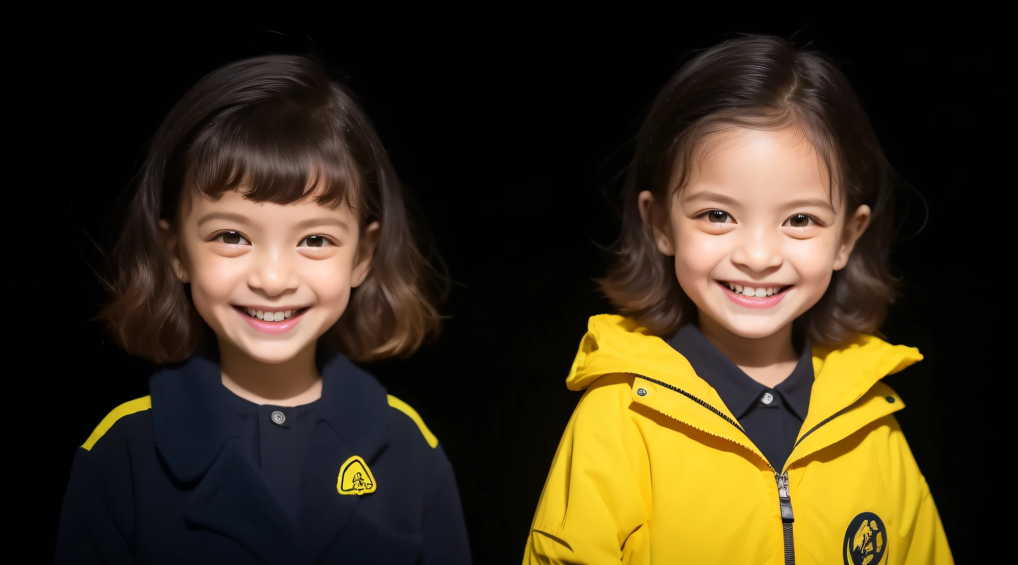 Estilo moderno, fundo branco, children's identification photo, bonito, menina sorridente, olhos escuros, cabelo curto, gravata borboleta, yellow BLACK  jackets, de alta qualidade, soft yellow lights in children's hair.