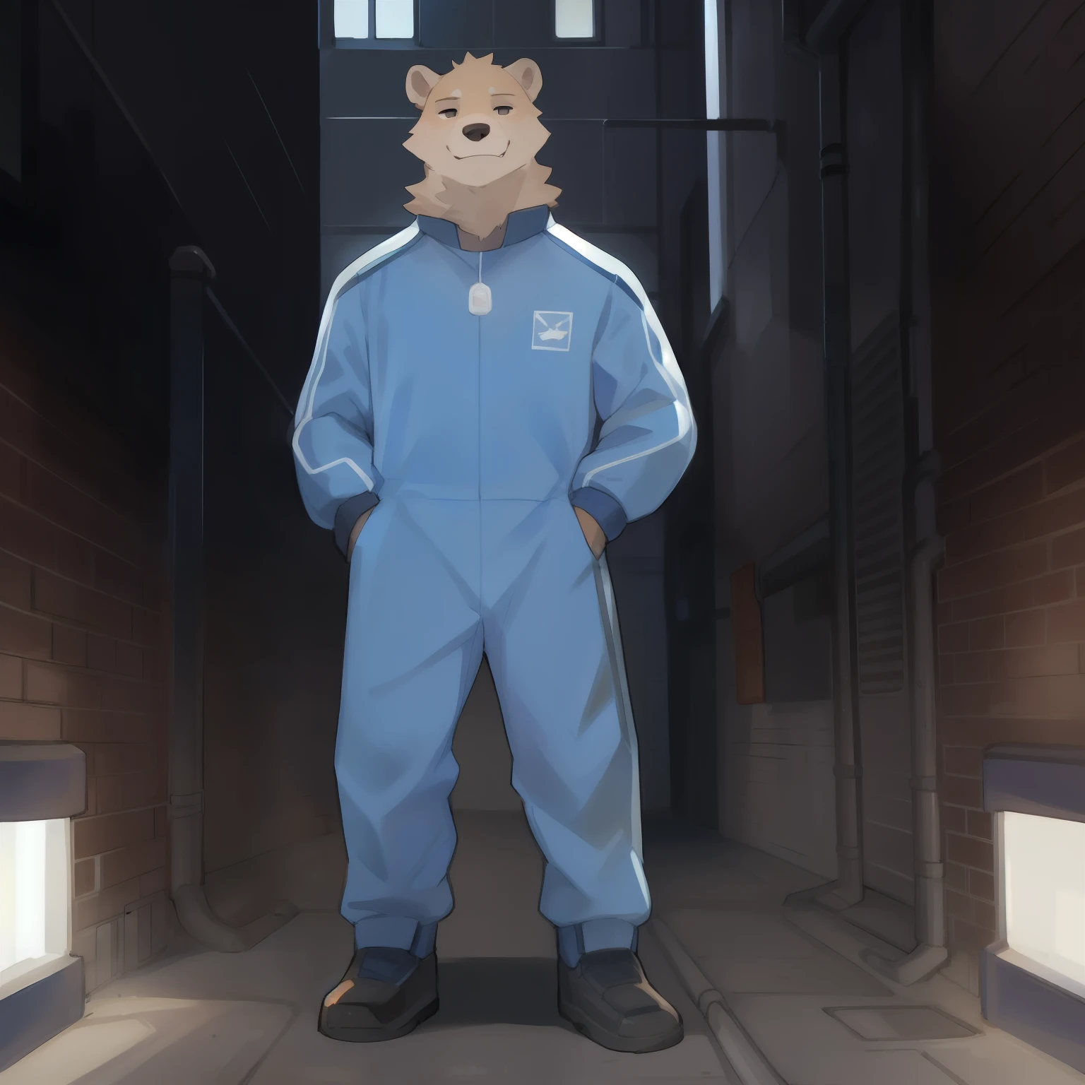 Solo, male, grizzly bear, tan fur, standing, alleyway, by bebebebebe, smirking, blue military spacesuit