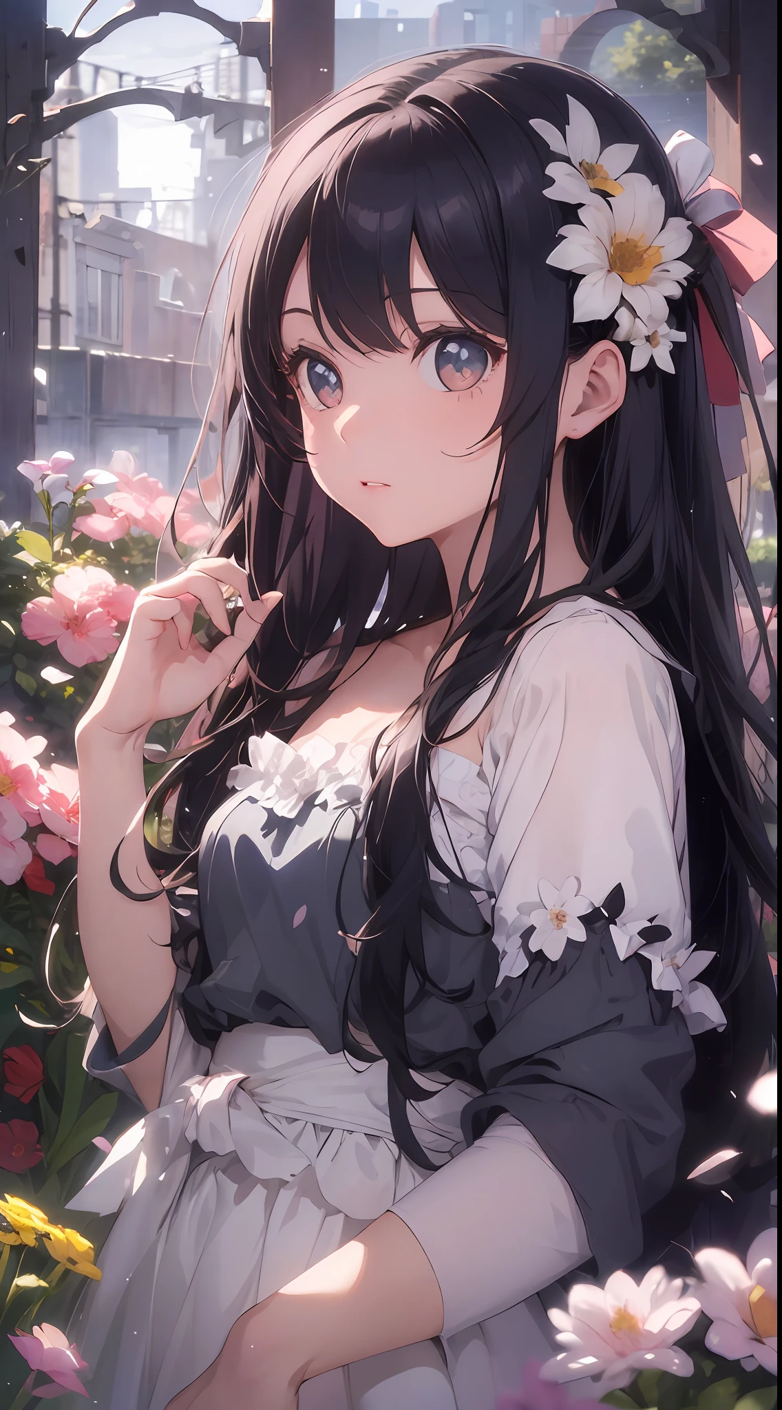 【Best Quality】Best Masterpiece,(Petite Girl:1.5),Lace,Ribbon,Hanfu,(Masterpiece, Side Light, Delicate Beautiful Gray Eyes: 1.2), Masterpiece, Realistic, Luminous Eyes,Glossy Hair, Black Hair, Long Long Hair, Shiny Skin, Solo, Embarrassing,Strapless,Exquisite,Beautiful,Garden,Flower,Flying Petals,Professional Fantastic Effects,Best Rendition Like a Movie Scene