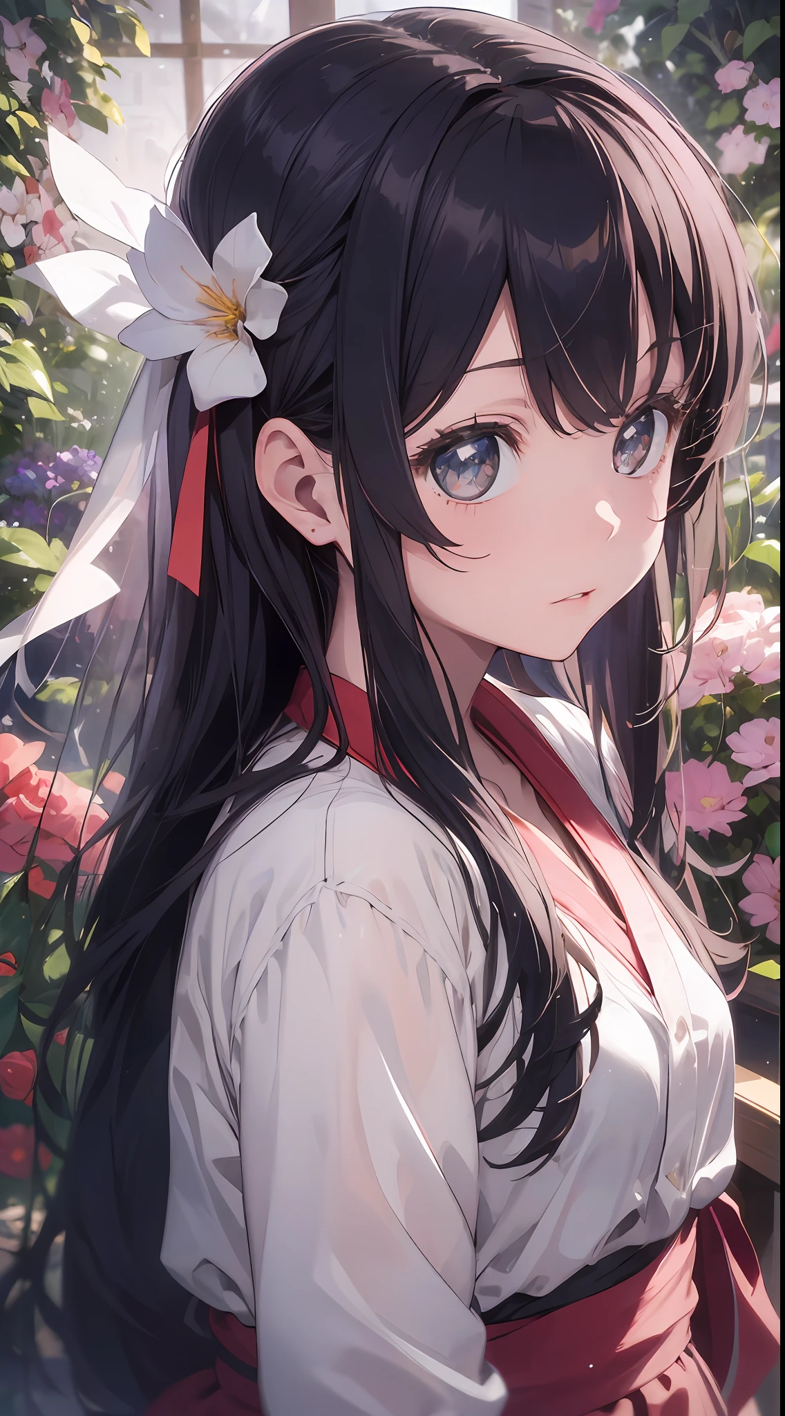 【Best Quality】Best Masterpiece,(Petite Girl:1.5),Lace,Ribbon,Hanfu,(Masterpiece, Side Light, Delicate Beautiful Gray Eyes: 1.2), Masterpiece, Realistic, Luminous Eyes,Glossy Hair, Black Hair, Long Long Hair, Shiny Skin, Solo, Embarrassing,Strapless,Exquisite,Beautiful,Garden,Flower,Flying Petals,Professional Fantastic Effects,Best Rendition Like a Movie Scene