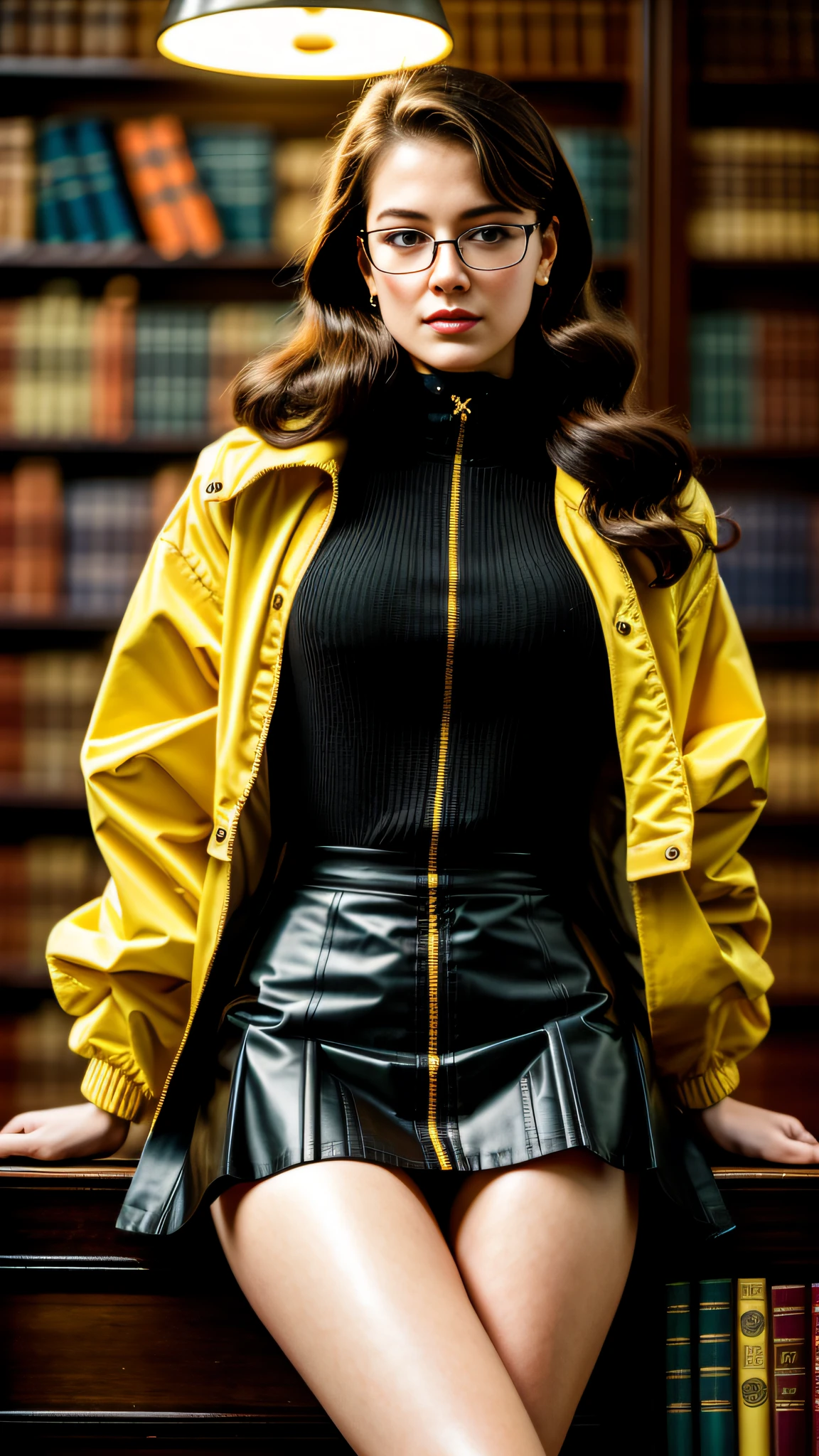 Realistic, (Masterpiece, Top Quality, Best Quality, Official Art, Beautiful and Aesthetic: 1.2),, a woman sits in library, standing on a ladder, brown hair, reading glasses, on the ladder, wide open yellow jacket, (open zipper:1), (stack of books all over), short leader skirt, vintage mood, 8 k movie still, ismal library room, (erotic:1.6), voluptuous, sensual, lascivious, lewd, alluring, arousing, melacholy, sexual, sexy, romantic, BDSM, moody and melanchonic atmosphere, nikon d850 film, stock photograph 4 kodak portra 400 camera f 1.6 lens, rich colors hyper realistic, bokeh