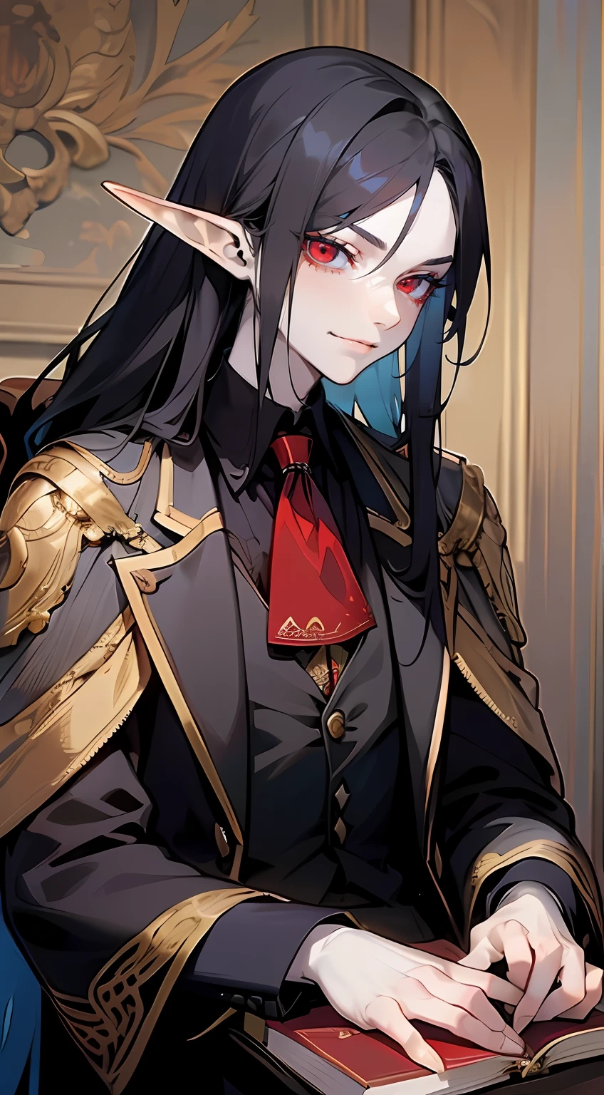 1man, male, anime, slightly pale skin, very long hair, black hair, crimson red eyes, intricate details, best quality, elf ears, smirk, detailed face, detailed hands, holding book with one hand, library, dark, dim light, open chest, butler clothes, adult male, slim muscular, fit, look at viewer, sitting at chair, side glance, vampire features (pointy ears, pale skin, red eyes, slim body), animated, semi realism, detailed eyes, perfect features (eyes, hands), portrait image, man, half body