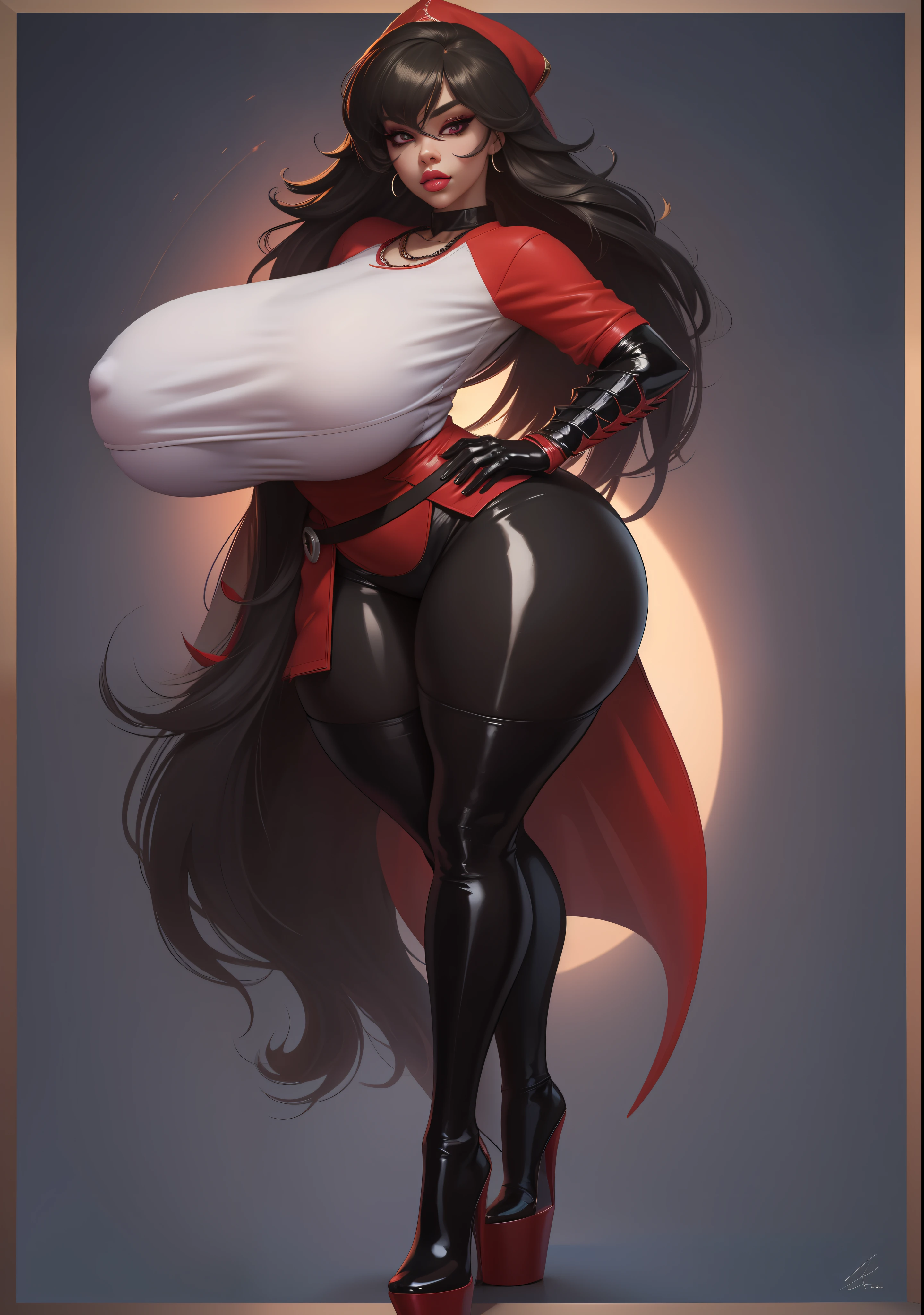 a close up of a cartoon of a woman with a knife, fullbody commission for, commission for high res, thicc, oc commission, sinister pose, full body xianxia, katanas strapped to her back, cel - shaded art style, dark sorceress fullbody pose, commission for, thick black line art, raven branwen, rwby, black hair, expressionless, makeup, empty eyes, black hair, 8k, super detail, 4K, HD, highres, best quality, award winning, high quality, high details, super detail, textured skin, anatomically correct, ccurate, masterpiece, retina, UHD, hyper detail, hyper detailed face, thicc, biomechanical oppai, oppai, thicc, oppai proportions, nsfw, platform heels, bimbo, (massive lips: 1.3) and (silicon lips:1.3), thick lips, leotard, latex outfit, thigh high