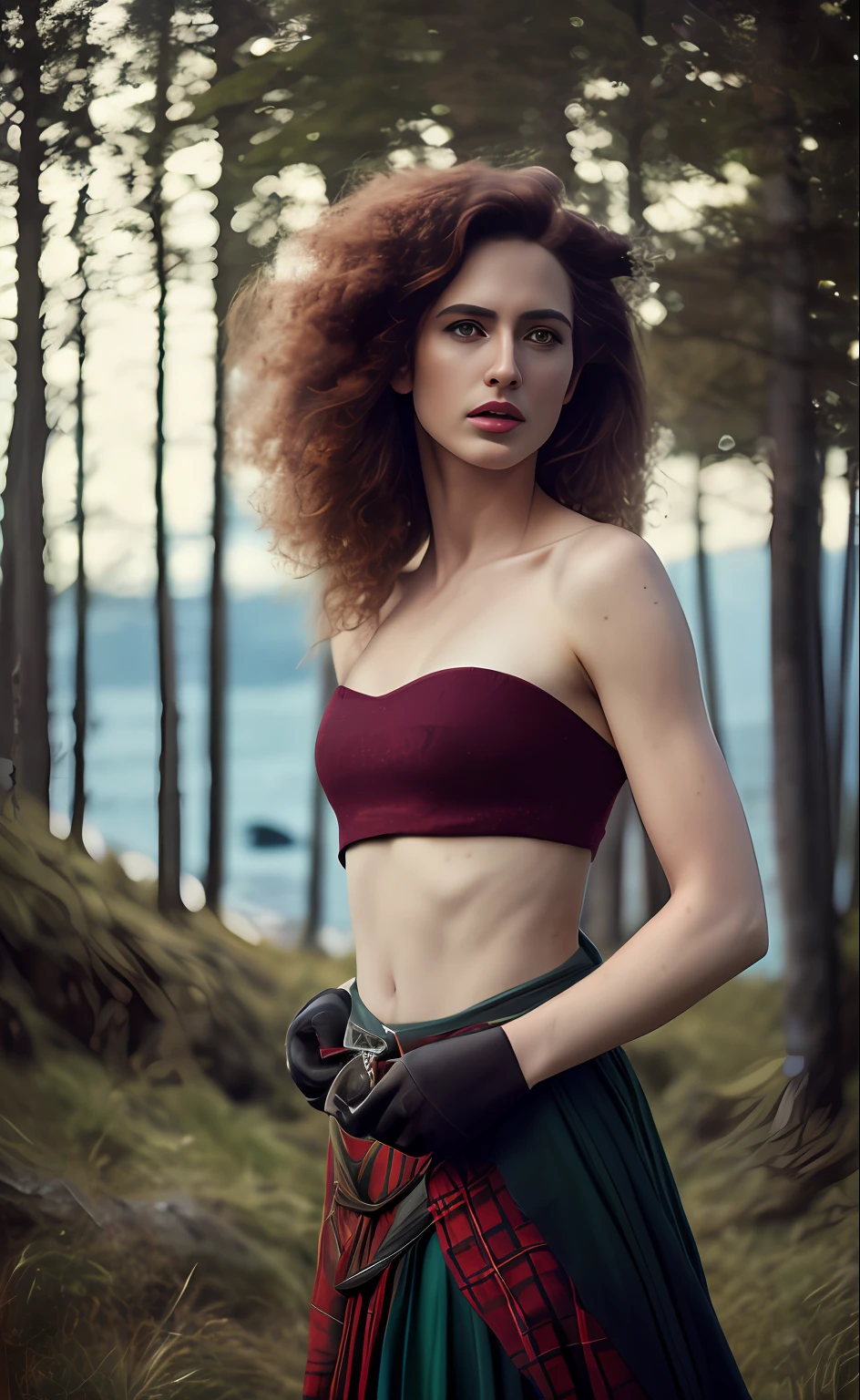 deep shadow, sinister, award winning photo, best quality, masterpiece, upper body, woman, freckled face, windblown blonde hair, emerald eyes, modern strapless dress by Jeremy Lipking, by Antonio J. Manzanedo, by lee jeffries nikon d850 film stock photograph 4 kodak portra 400 camera f1.6 lens rich colors hyper realistic lifelike texture dramatic lighting unreal engine trending on artstation cinestill 800, fisheye lens, Style-Kilt, windy beach, scottish loch, forest