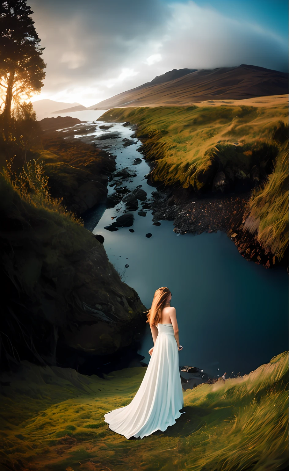 deep shadow, sinister, award winning photo, best quality, masterpiece, upper body, woman, freckled face, windblown blonde hair, emerald eyes, modern strapless dress  by Jeremy Lipking, by Antonio J. Manzanedo, by lee jeffries nikon d850 film stock photograph 4 kodak portra 400 camera f1.6 lens rich colors hyper realistic lifelike texture dramatic lighting unreal engine trending on artstation cinestill 800, fisheye lens, Style-Kilt, windy beach, scottish loch, forest