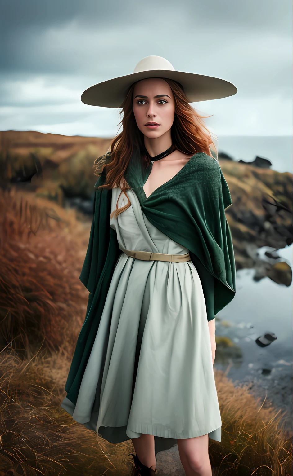 deep shadow, sinister, award winning photo, best quality, masterpiece, upper body, woman, freckled face, windblown blonde hair, emerald eyes, modern strapless dress by Jeremy Lipking, by Antonio J. Manzanedo, by lee jeffries nikon d850 film stock photograph 4 kodak portra 400 camera f1.6 lens rich colors hyper realistic lifelike texture dramatic lighting unreal engine trending on artstation cinestill 800, fisheye lens, Style-Kilt, windy beach, scottish loch, forest