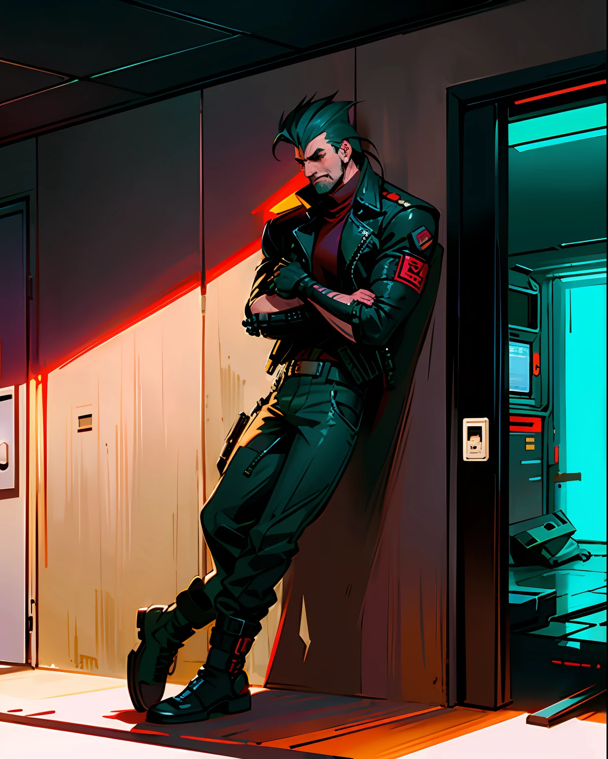 Caricature of a person, leaning against the door in the room, character art the contra, commission for high res, Shadowrun character art, Solid Metal Gear Art Style, muscular! ciberpunk, Cyberpunk street thug, badass pose, ЗРК Jetstream от Metal Gear, Full-length portrait of a character, full body portrait of a short!, Full-length portrait of a character, Cyberpunk Dude, dominant posture