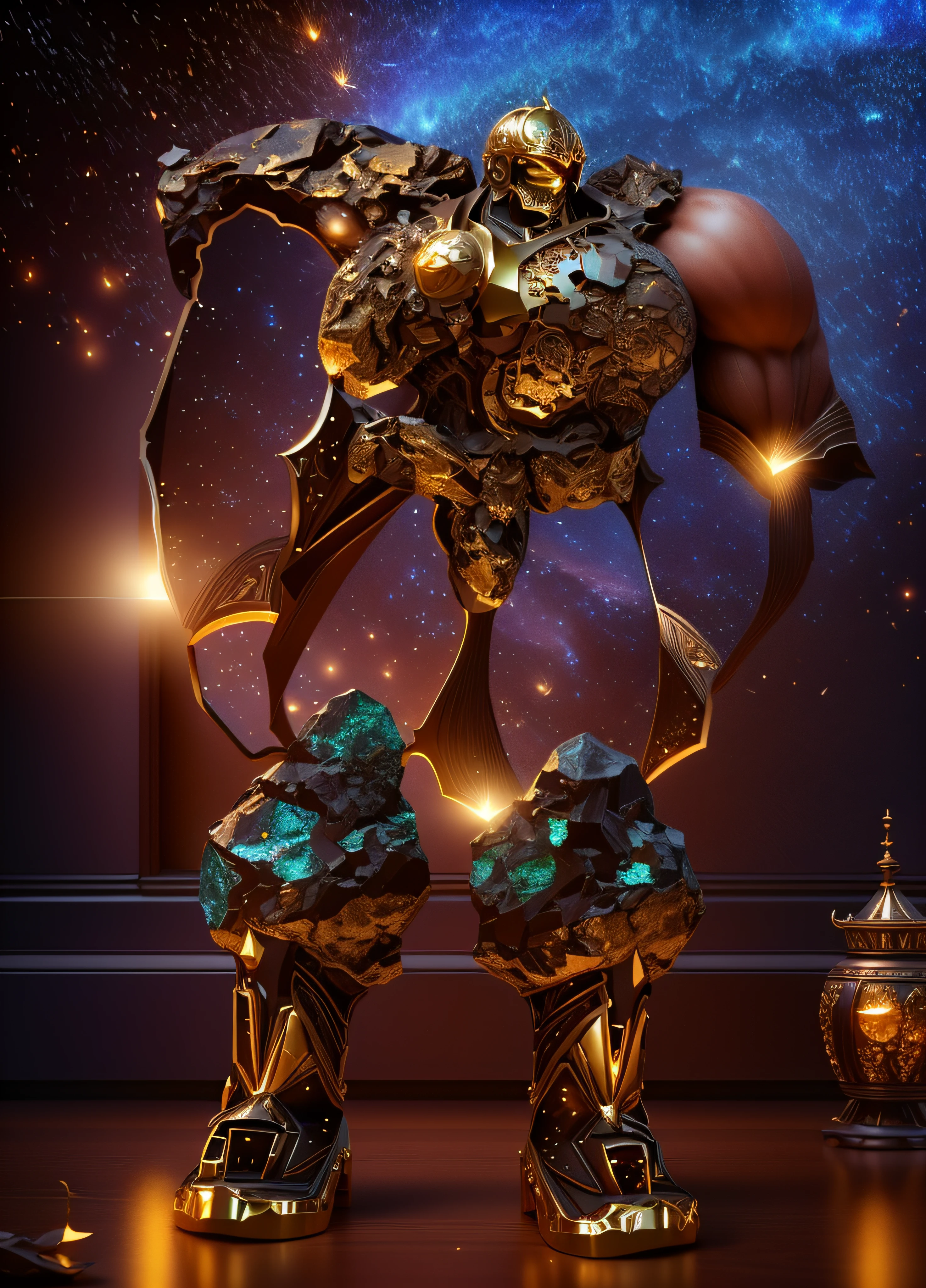 The sinister representation of a stone giant with legs and arms made from the look of a beautiful galaxy, alaranjado luminoso e bege com dourado, pele feita de neon amarelo, 3D-rendering, Hyper-realistic graphics, 3D-rendering, 8k, NVIDIA, RTX 4090 | | | | | | | | | | | | | | | | | | |, ray tracing, Bokeh, Scenery of an interiror of a cave illuminated by lunar rays