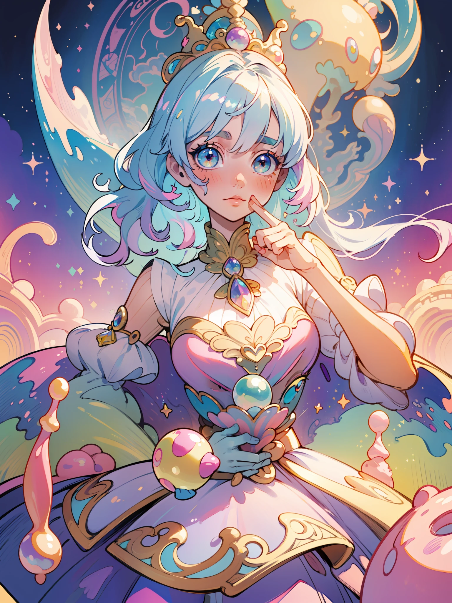masterpiece, best quality, 8k resolution, sharp focus, intricate detail, beautiful girl, sparkling eyes, golden ratio face, otherworldly liquid, watercolor, ((pastel colors)), bright colors, whimsical, colorful, sharp focus, high resolution, fine detail, princess fantasy ballgown, ((round eyes)), iridescent bubbles, castle landscape in background
