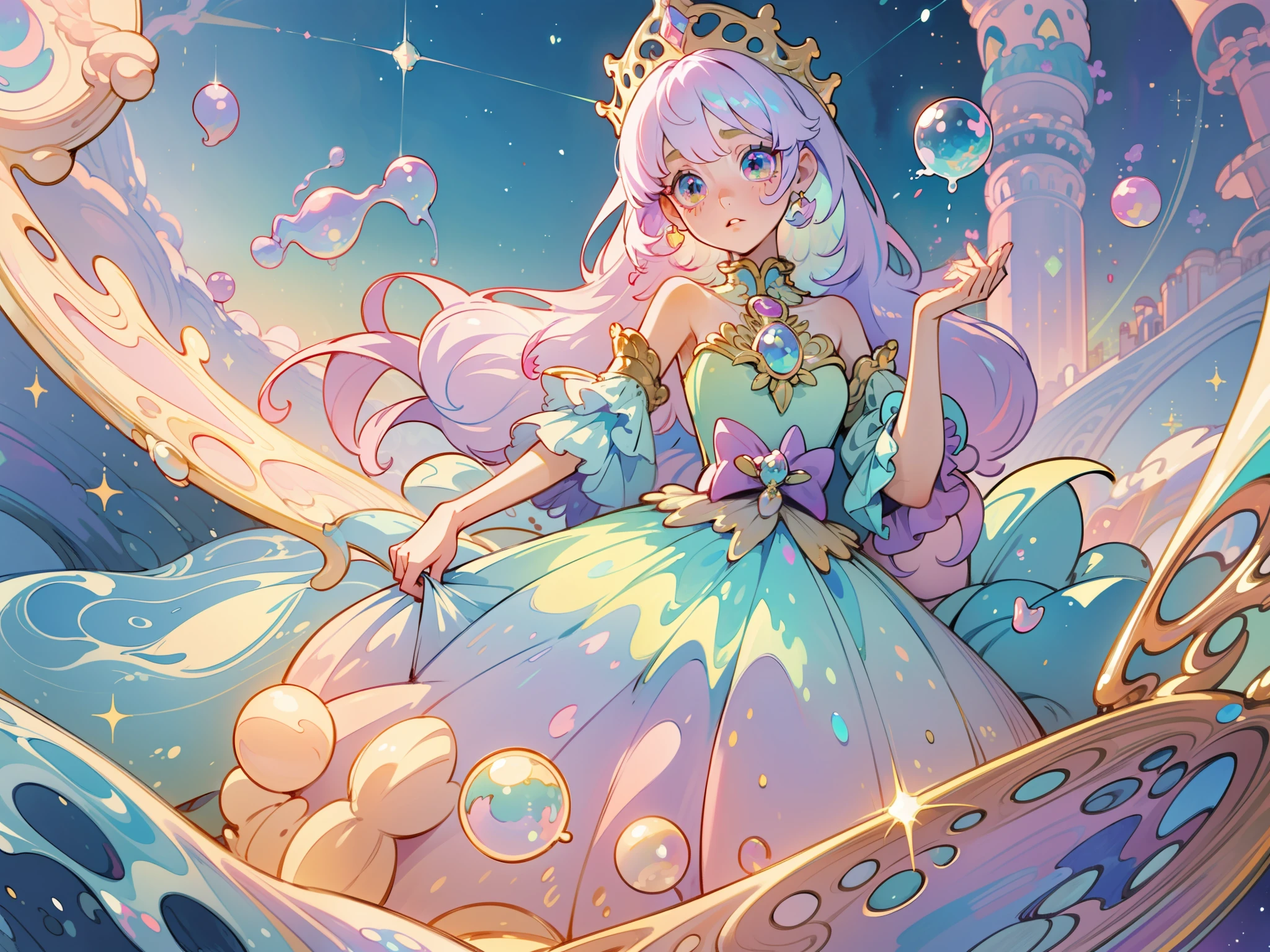 masterpiece, best quality, 8k resolution, sharp focus, intricate detail, beautiful girl, sparkling eyes, golden ratio face, otherworldly liquid, watercolor, ((pastel colors)), bright colors, whimsical, colorful, sharp focus, high resolution, fine detail, princess fantasy ballgown, ((round eyes)), iridescent bubbles, castle landscape in background